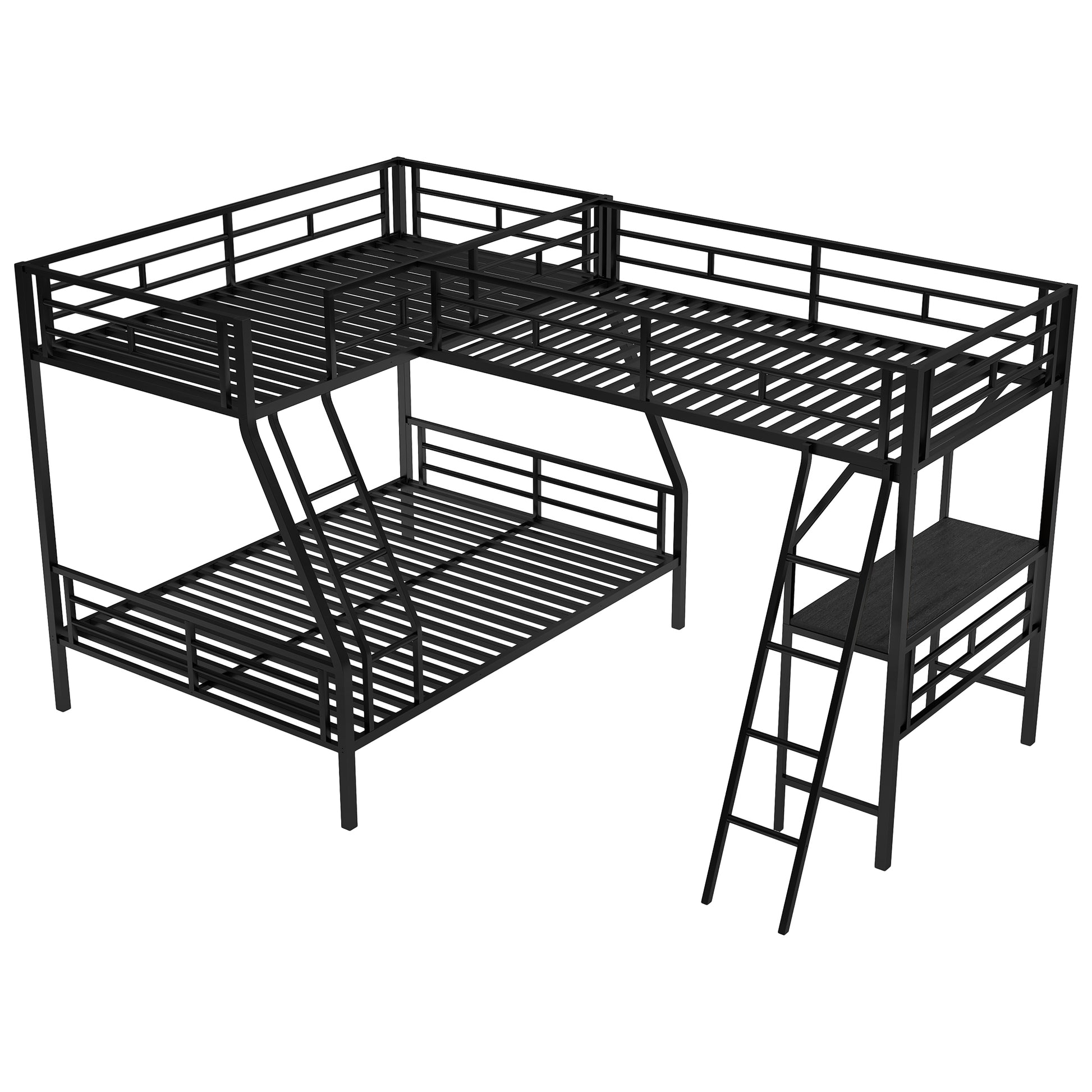 Twin Over Full Bunk Bed With A Twin Size Loft Bed Attached, With A Desk, Metal, Black Black Metal