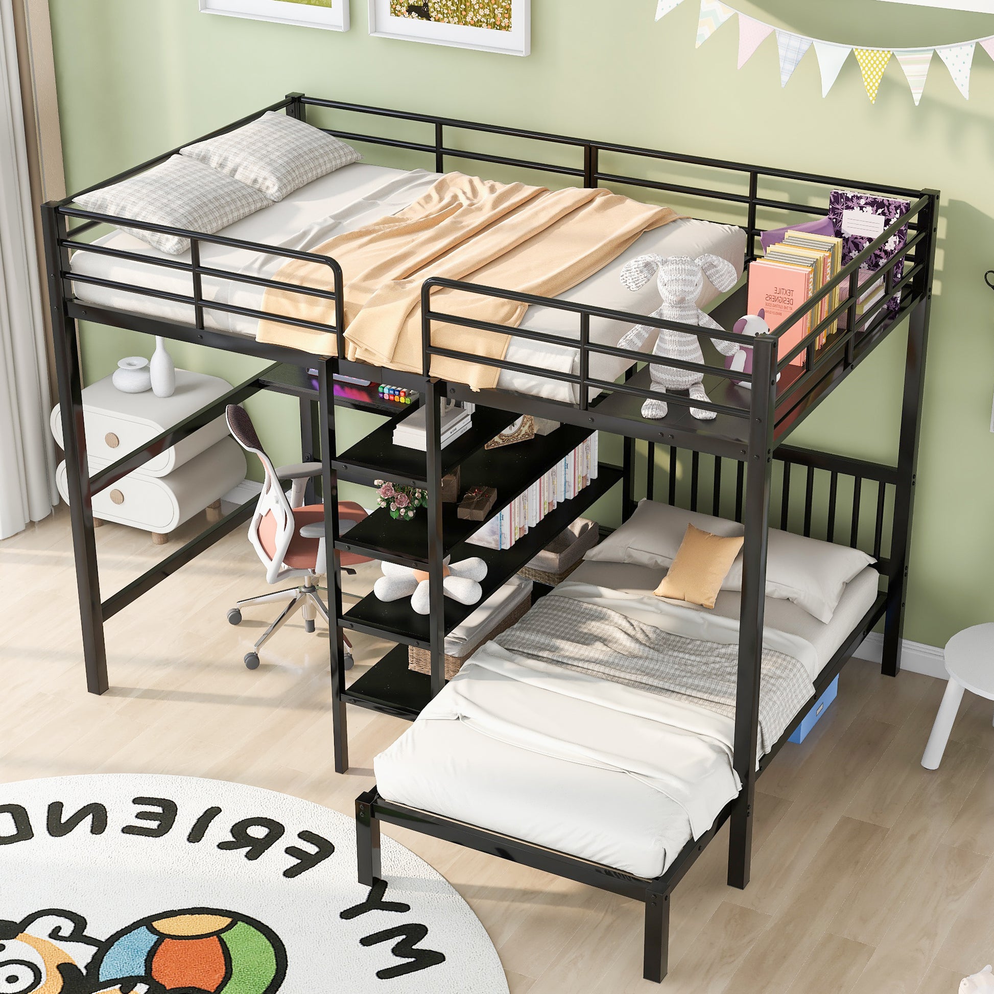 Full Over Twin Metal Bunk Bed With Built In Desk, Shelves And Ladder, Black Black Metal & Wood