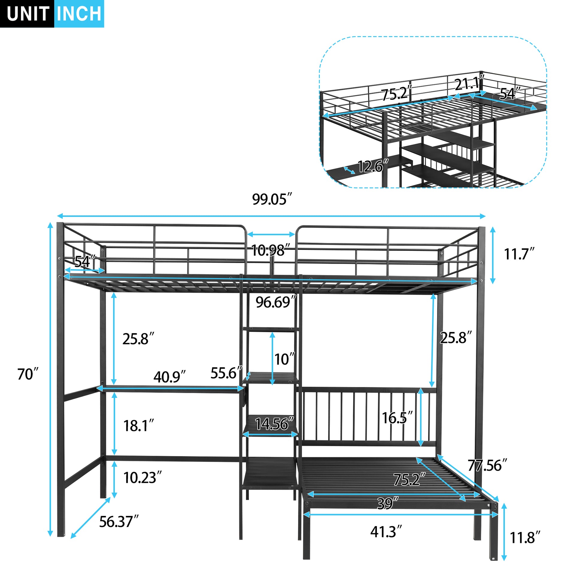 Full Over Twin Metal Bunk Bed With Built In Desk, Shelves And Ladder, Black Black Metal & Wood