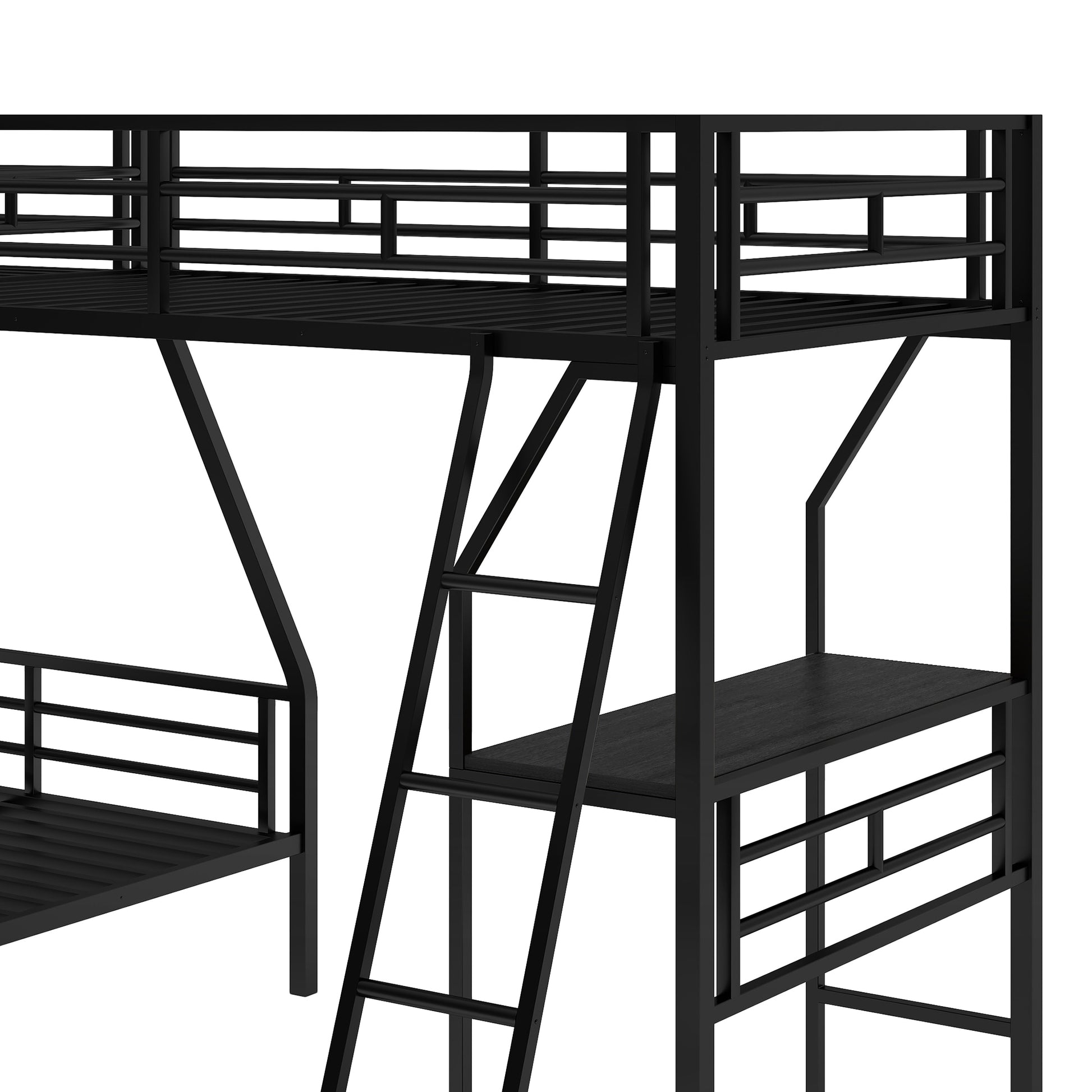 Twin Over Full Bunk Bed With A Twin Size Loft Bed Attached, With A Desk, Metal, Black Black Metal