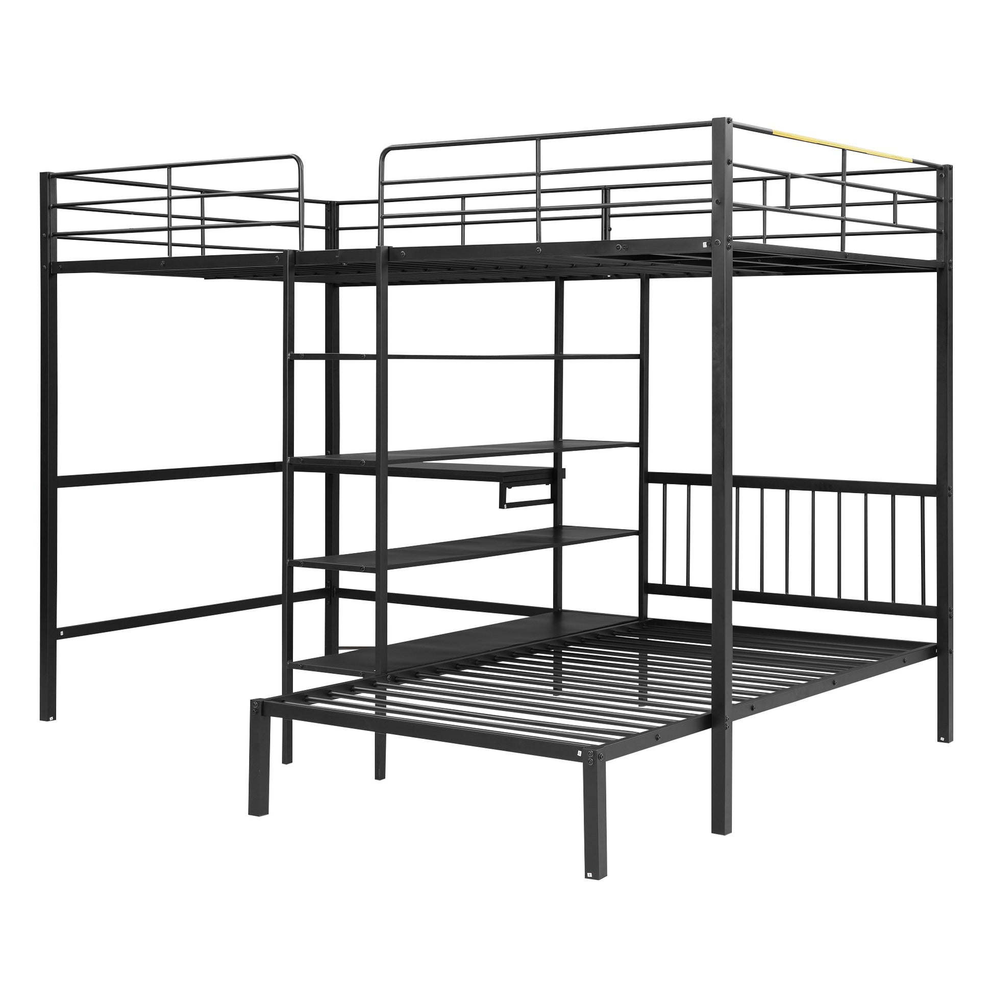 Full Over Twin Metal Bunk Bed With Built In Desk, Shelves And Ladder, Black Black Metal & Wood