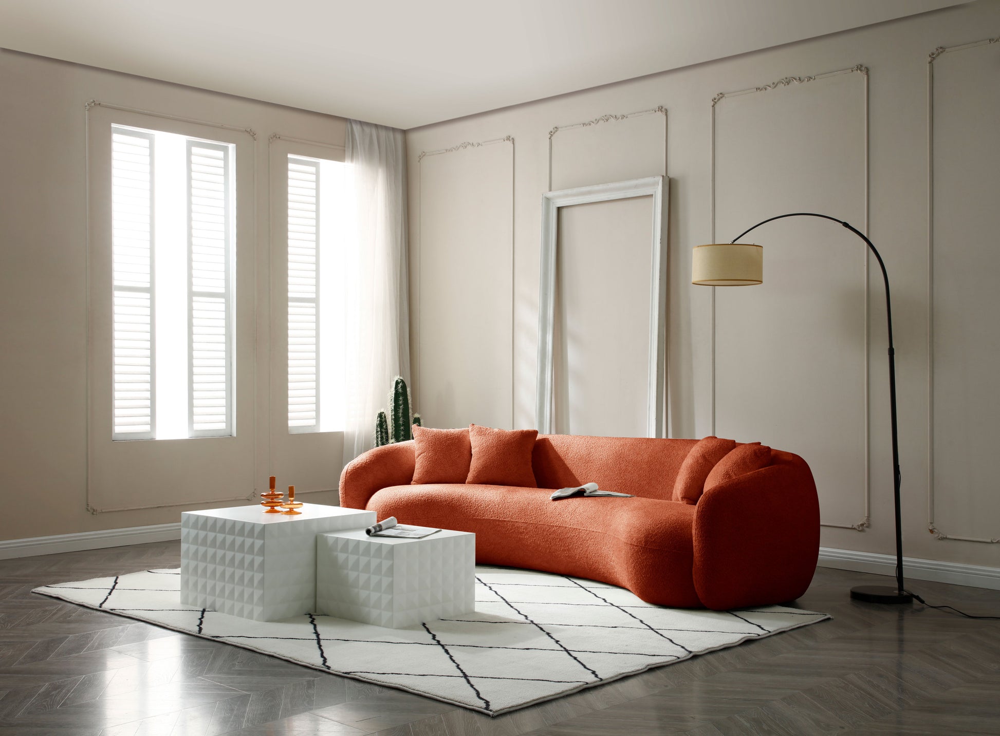 102'' 5 Seater Boucle Sofa Modern Sectional Half Moon Leisure Couch Curved Sofa Teddy Fleece Orange Orange Boucle 5 Seat