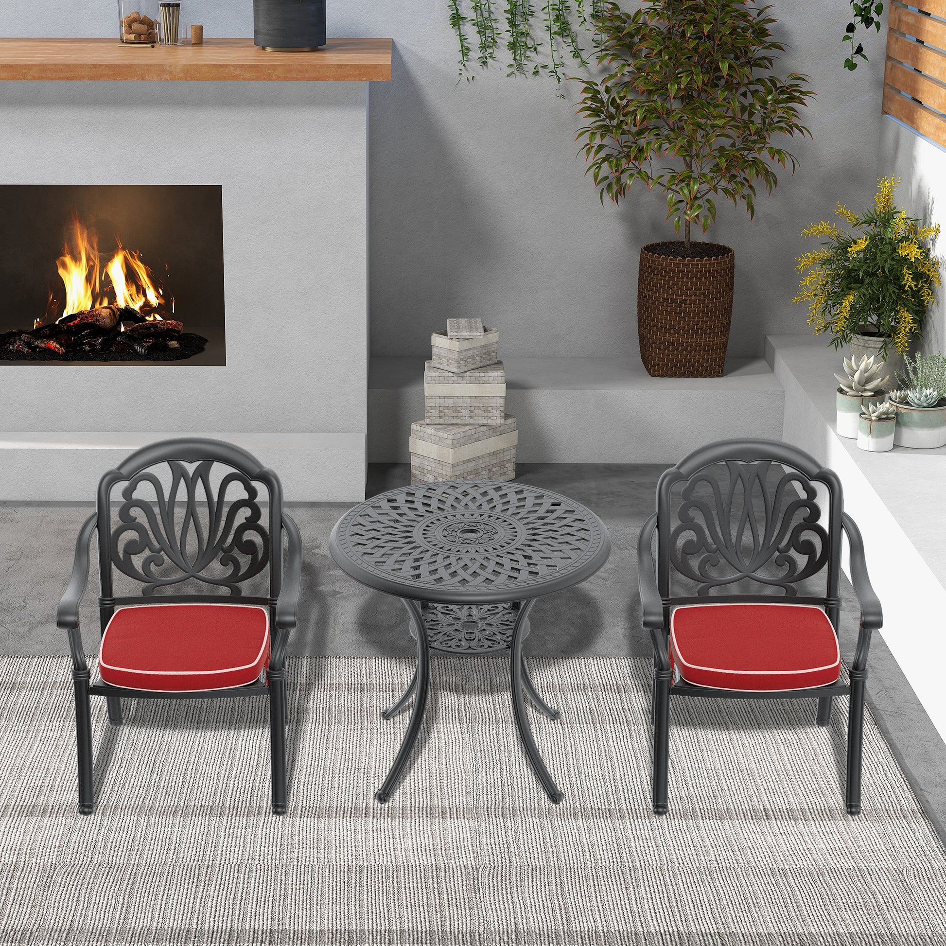 Cushions In Random Colors 3 Piece Set Of Cast Aluminum Patio Furniture With Cushions Yes Dining Set Black Seats 2 Rust Resistant Frame Water Resistant Cushion Garden & Outdoor Complete Patio Sets Aluminium