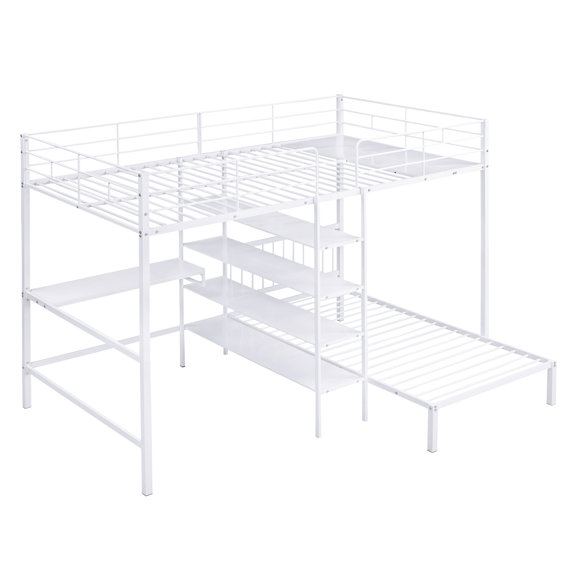 Full Over Twin Metal Bunk Bed With Built In Desk, Shelves And Ladder, White White Metal & Wood