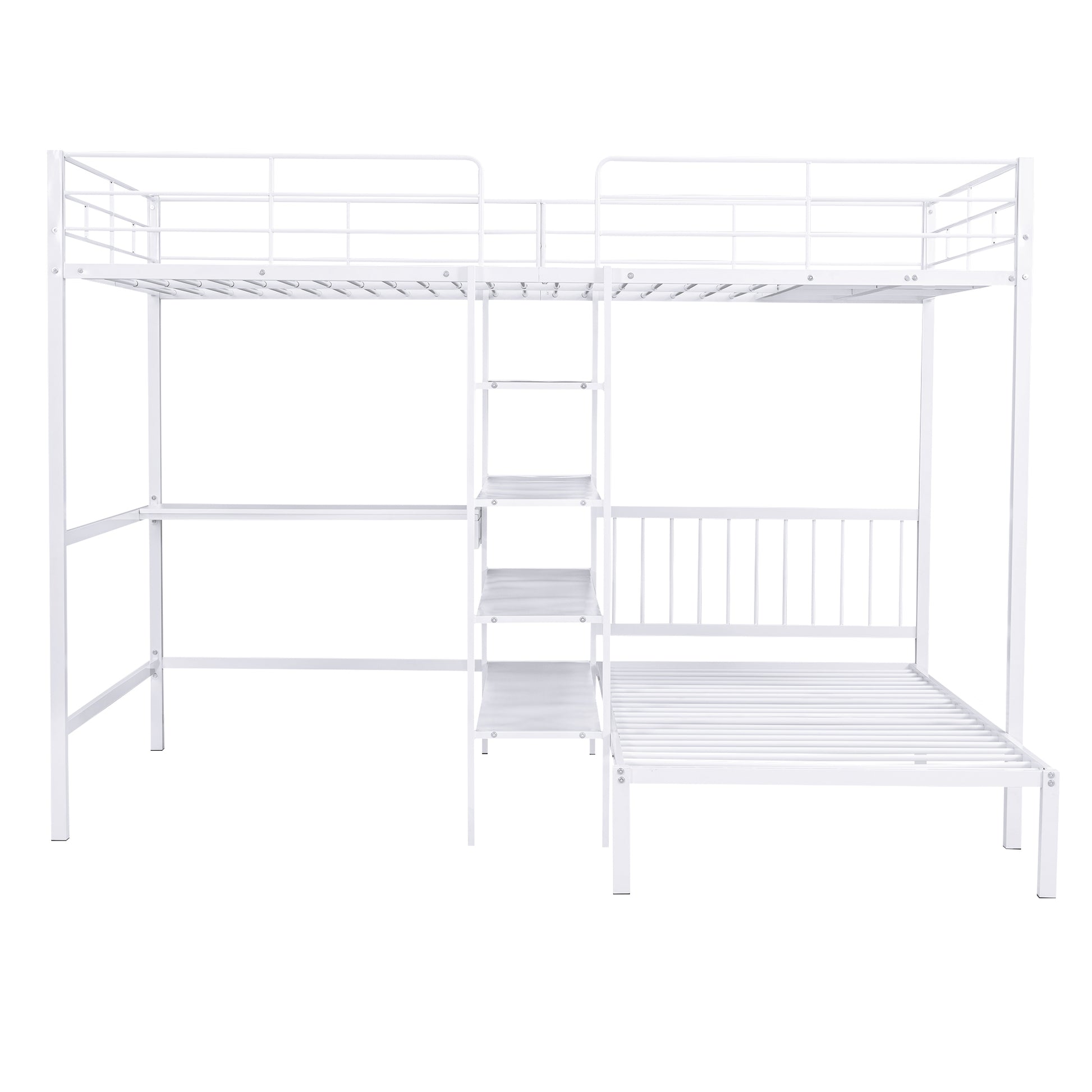 Full Over Twin Metal Bunk Bed With Built In Desk, Shelves And Ladder, White White Metal & Wood