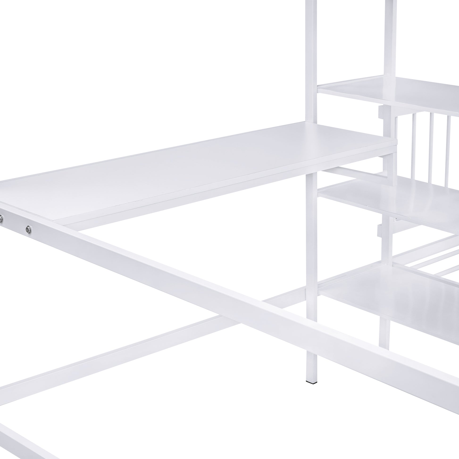 Full Over Twin Metal Bunk Bed With Built In Desk, Shelves And Ladder, White White Metal & Wood