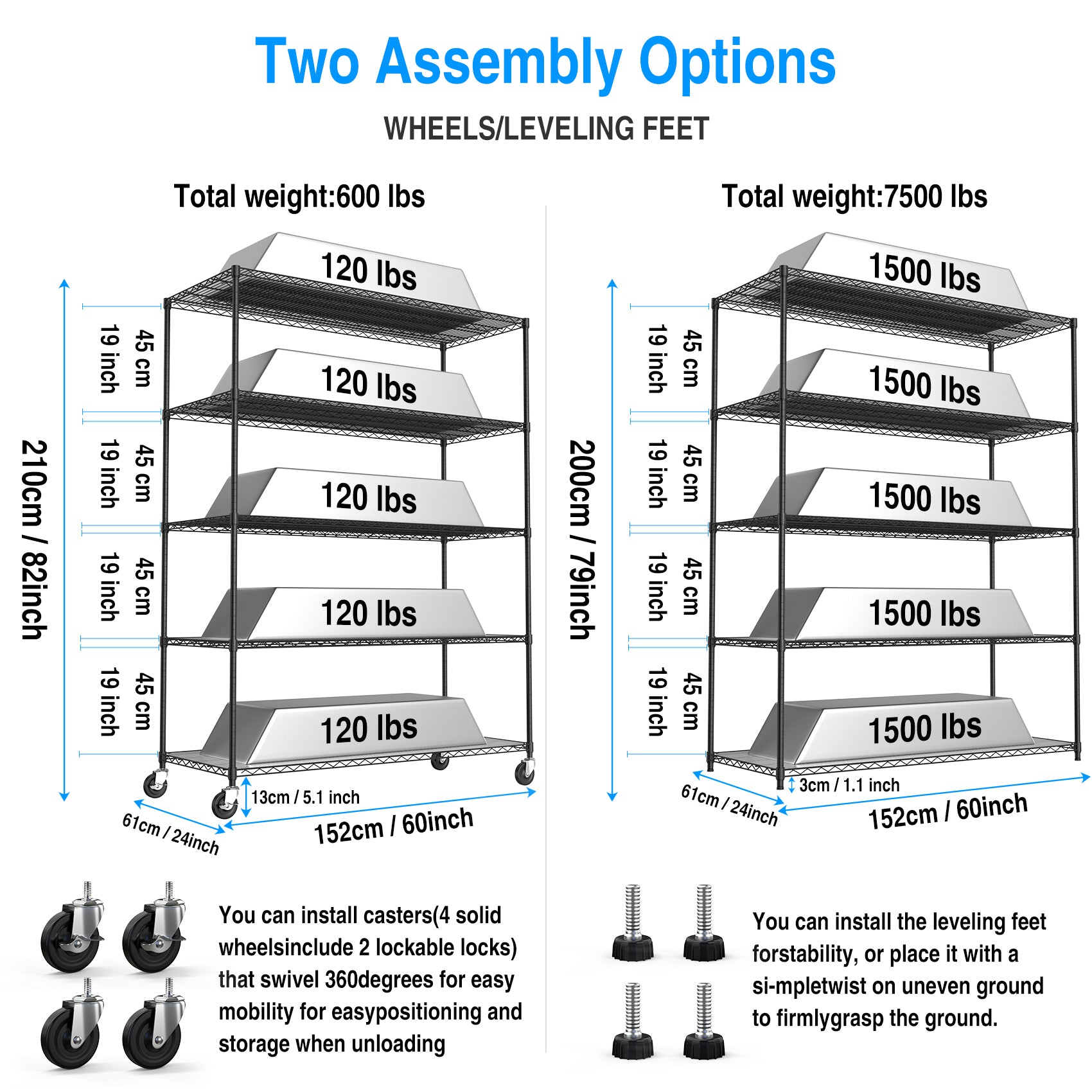 5 Tier 7500Lbs Heavy Duty Adjustable Storage Rack Metal Shelf Wire Shelving Unit With Wheels & Shelf Liners 82" H X 60" L X 24" D Black Chrome Iron Plastic