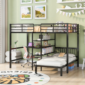 Full Over Twin Metal Bunk Bed With Built In Desk, Shelves And Ladder, Black Black Metal & Wood