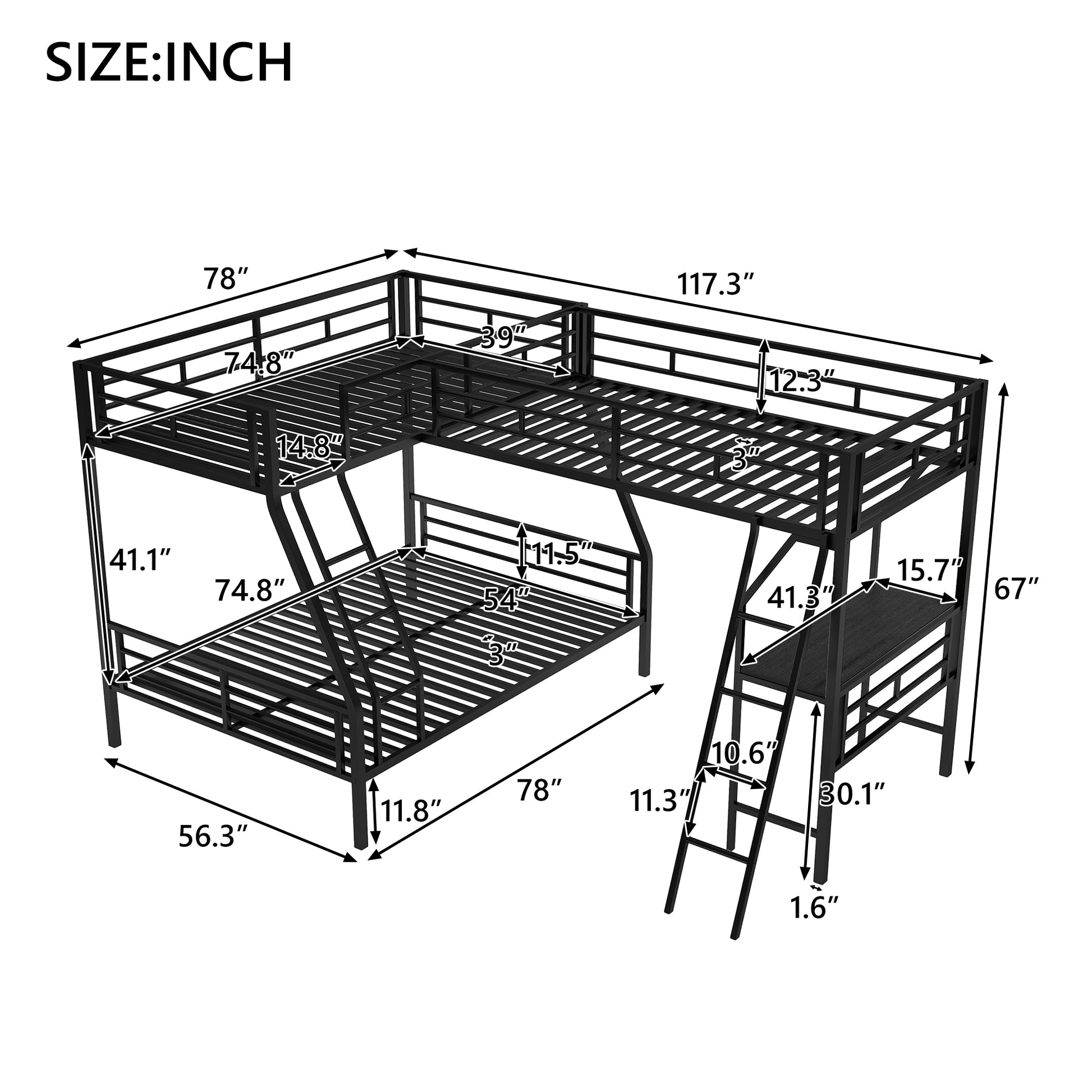 Twin Over Full Bunk Bed With A Twin Size Loft Bed Attached, With A Desk, Metal, Black Black Metal