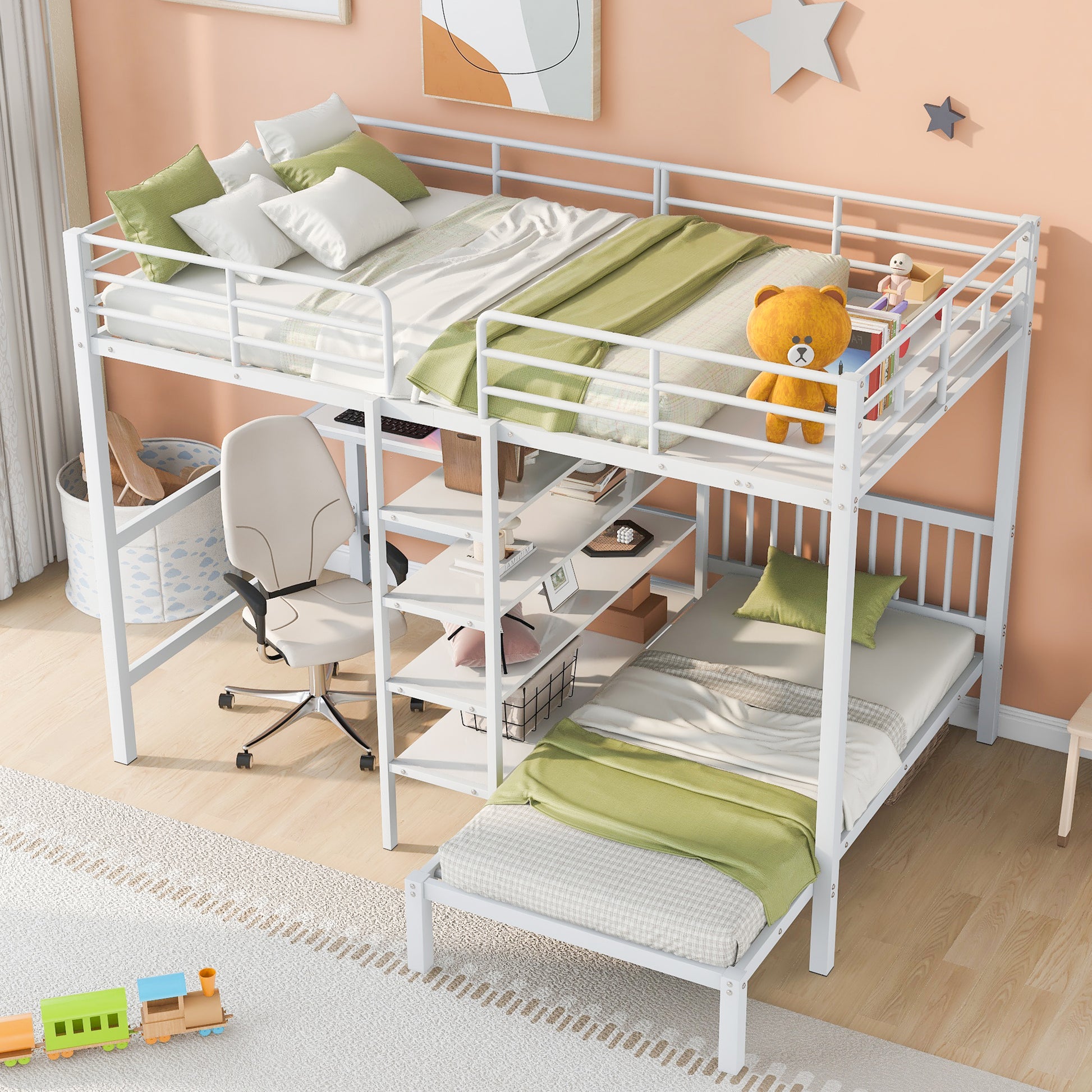 Full Over Twin Metal Bunk Bed With Built In Desk, Shelves And Ladder, White White Metal & Wood