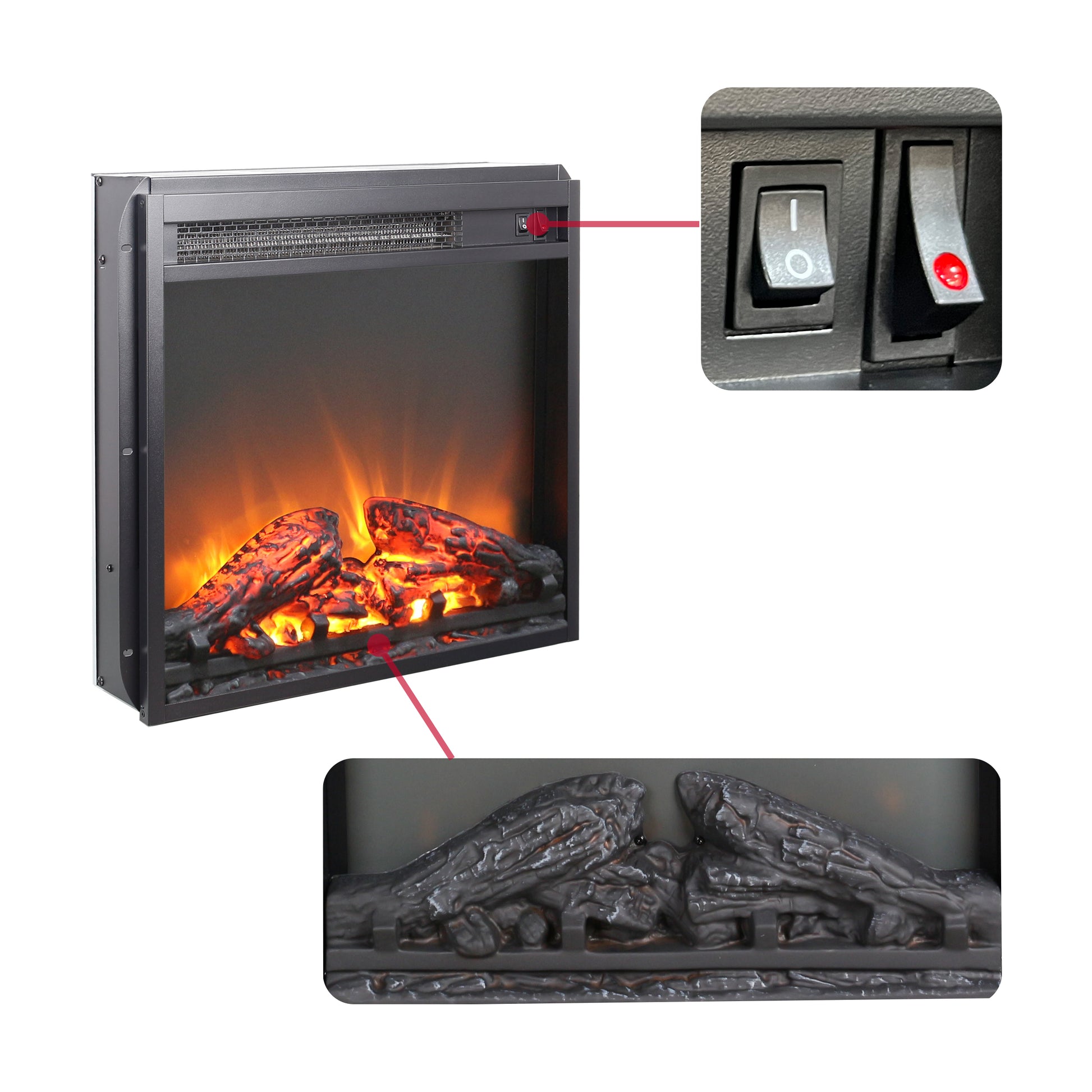 18 Inch Electric Fireplace Insert, Ultra Thin Heater With Log Set & Realistic Flame, Overheating Protection Antique Black No Tempered Glass Sheet Metal Plastic