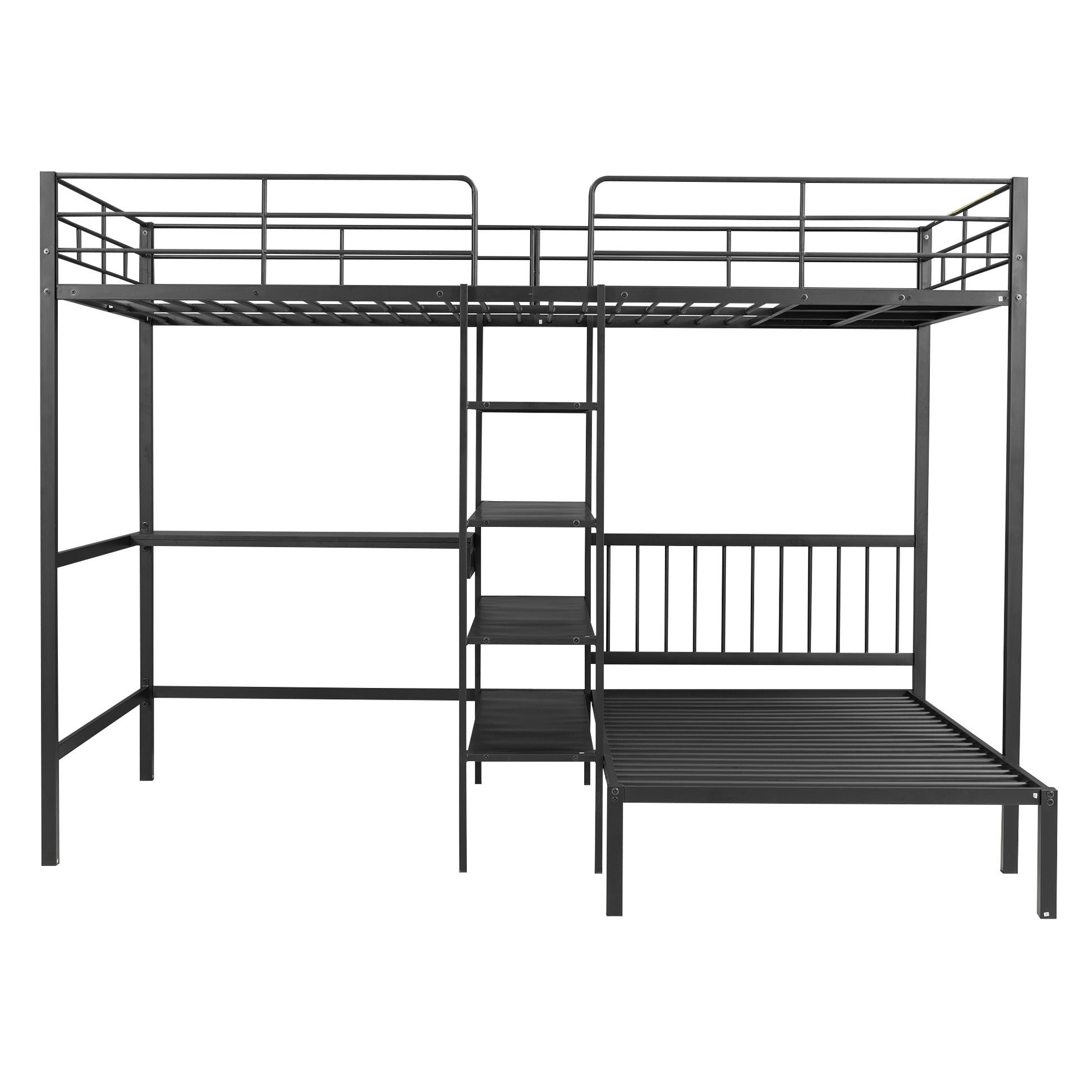 Full Over Twin Metal Bunk Bed With Built In Desk, Shelves And Ladder, Black Black Metal & Wood