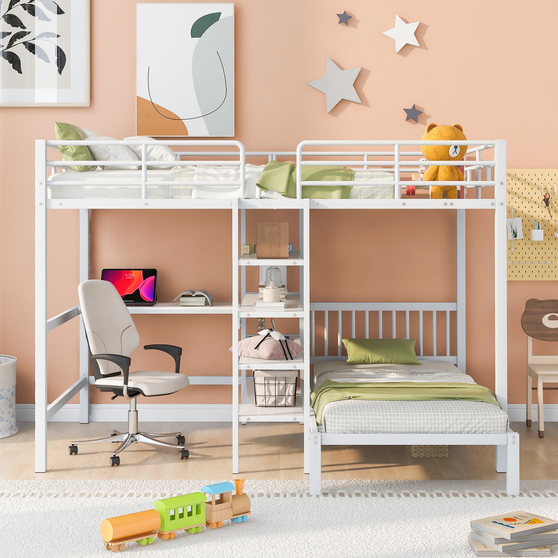 Full Over Twin Metal Bunk Bed With Built In Desk, Shelves And Ladder, White White Metal & Wood