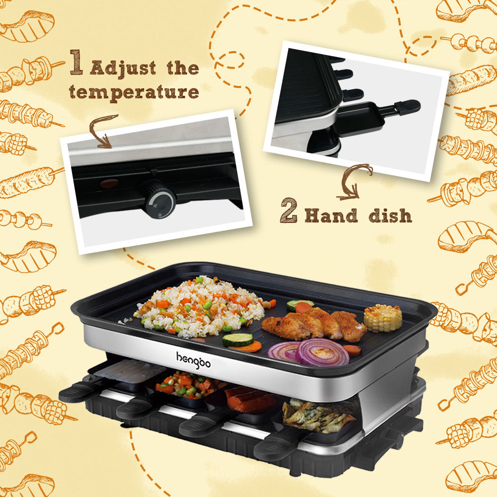 Raclette Grill 8 People Grill Plate Non Stick Coated, Raclette With 8 Mini Raclette Pans, Infinitely Adjustable Temperature, 1500W Black Iron Plastic