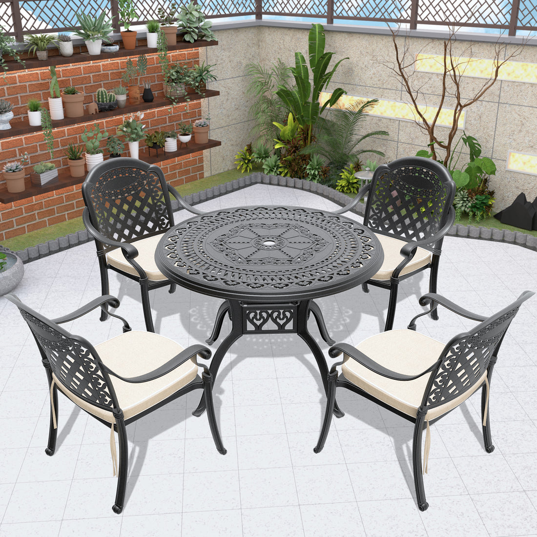 Cushions In Random Colors 5 Piece Set Of Cast Aluminum Patio Furniture With Cushions Yes Dining Set Black Seats 4 Rust Resistant Frame Water Resistant Cushion Garden & Outdoor Complete Patio Sets Aluminium