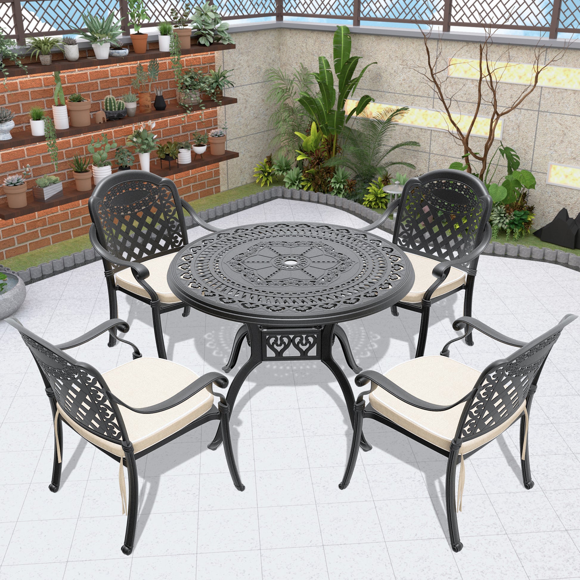Cushions In Random Colors 5 Piece Set Of Cast Aluminum Patio Furniture With Cushions Yes Dining Set Black Seats 4 Rust Resistant Frame Water Resistant Cushion Garden & Outdoor Complete Patio Sets Aluminium