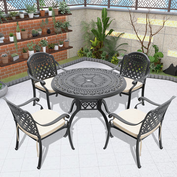 Cushions In Random Colors 5 Piece Set Of Cast Aluminum Patio Furniture With Cushions Yes Dining Set Black Seats 4 Rust Resistant Frame Water Resistant Cushion Garden & Outdoor Complete Patio Sets Aluminium