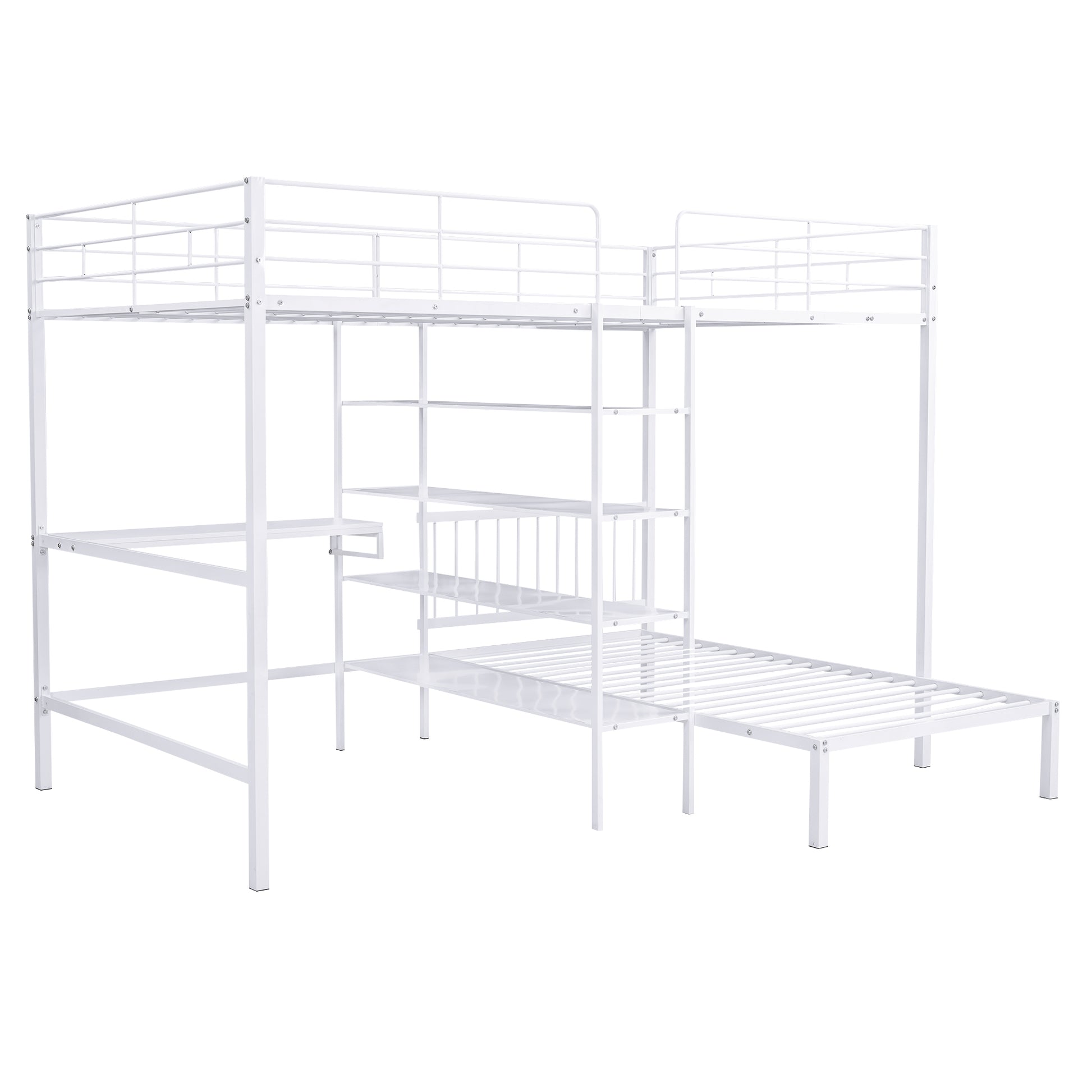 Full Over Twin Metal Bunk Bed With Built In Desk, Shelves And Ladder, White White Metal & Wood