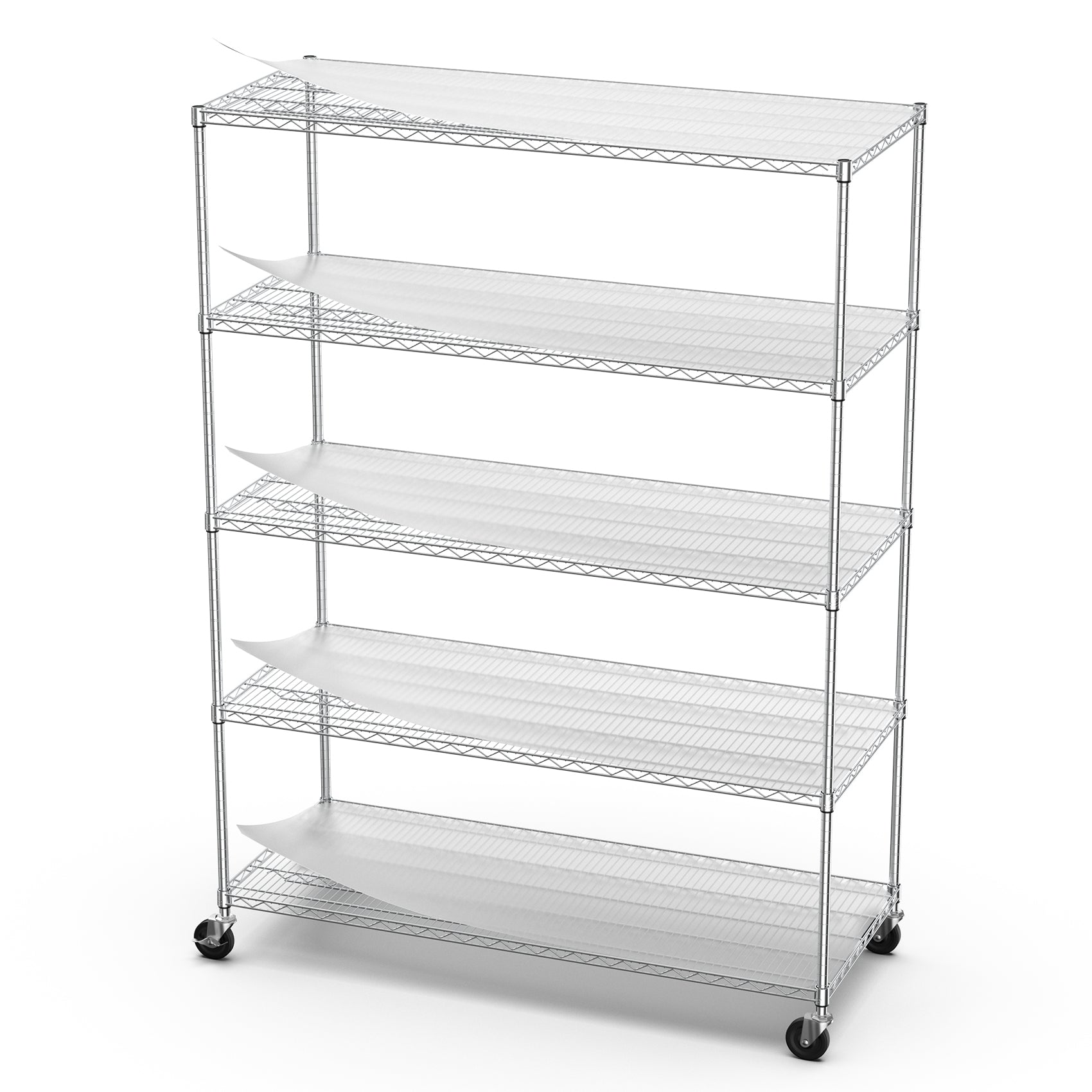 5 Tier 7500Lbs Heavy Duty Adjustable Storage Rack Metal Shelf Wire Shelving Unit With Wheels & Shelf Liners 82" H X 60" L X 24" D Chrome Chrome Iron Plastic