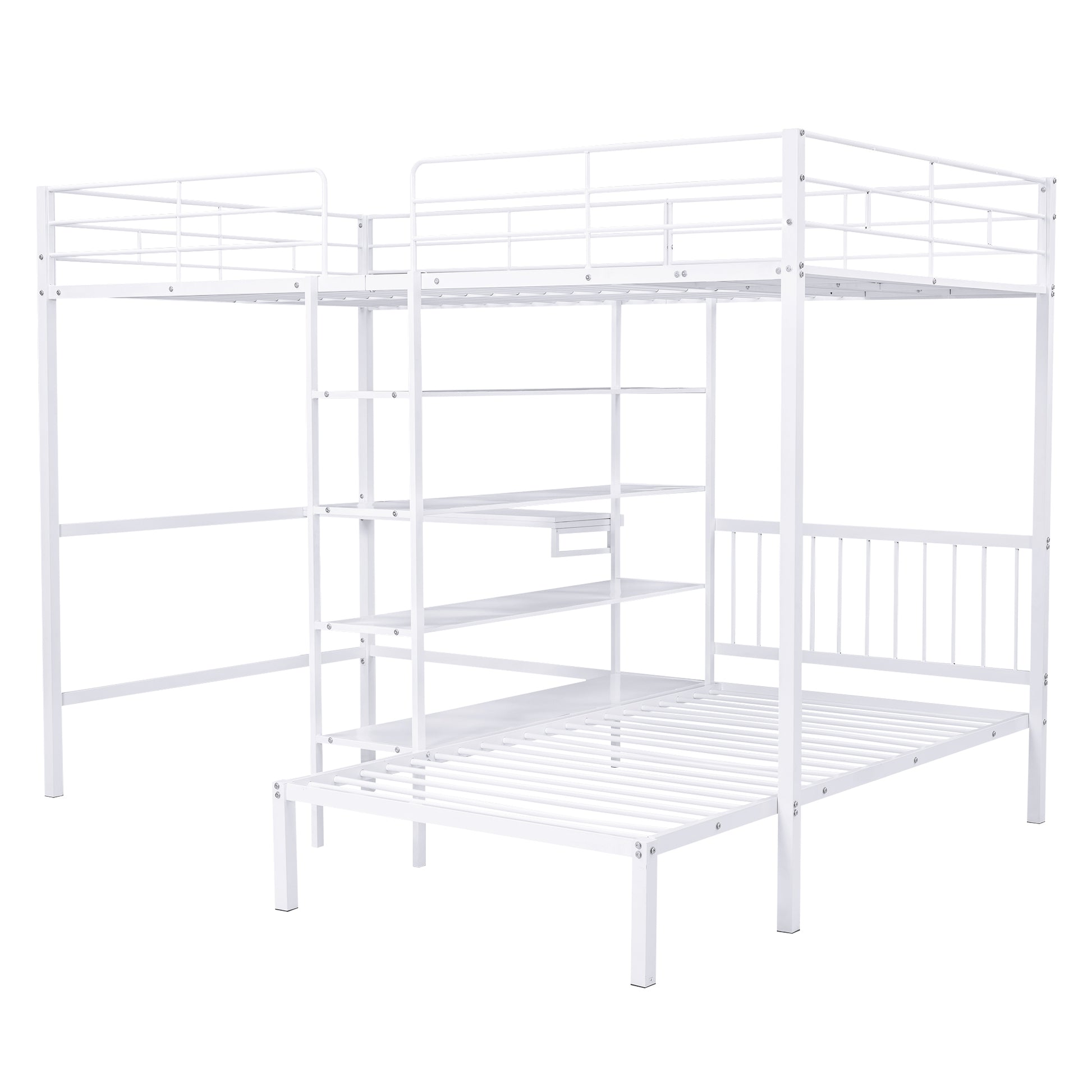 Full Over Twin Metal Bunk Bed With Built In Desk, Shelves And Ladder, White White Metal & Wood