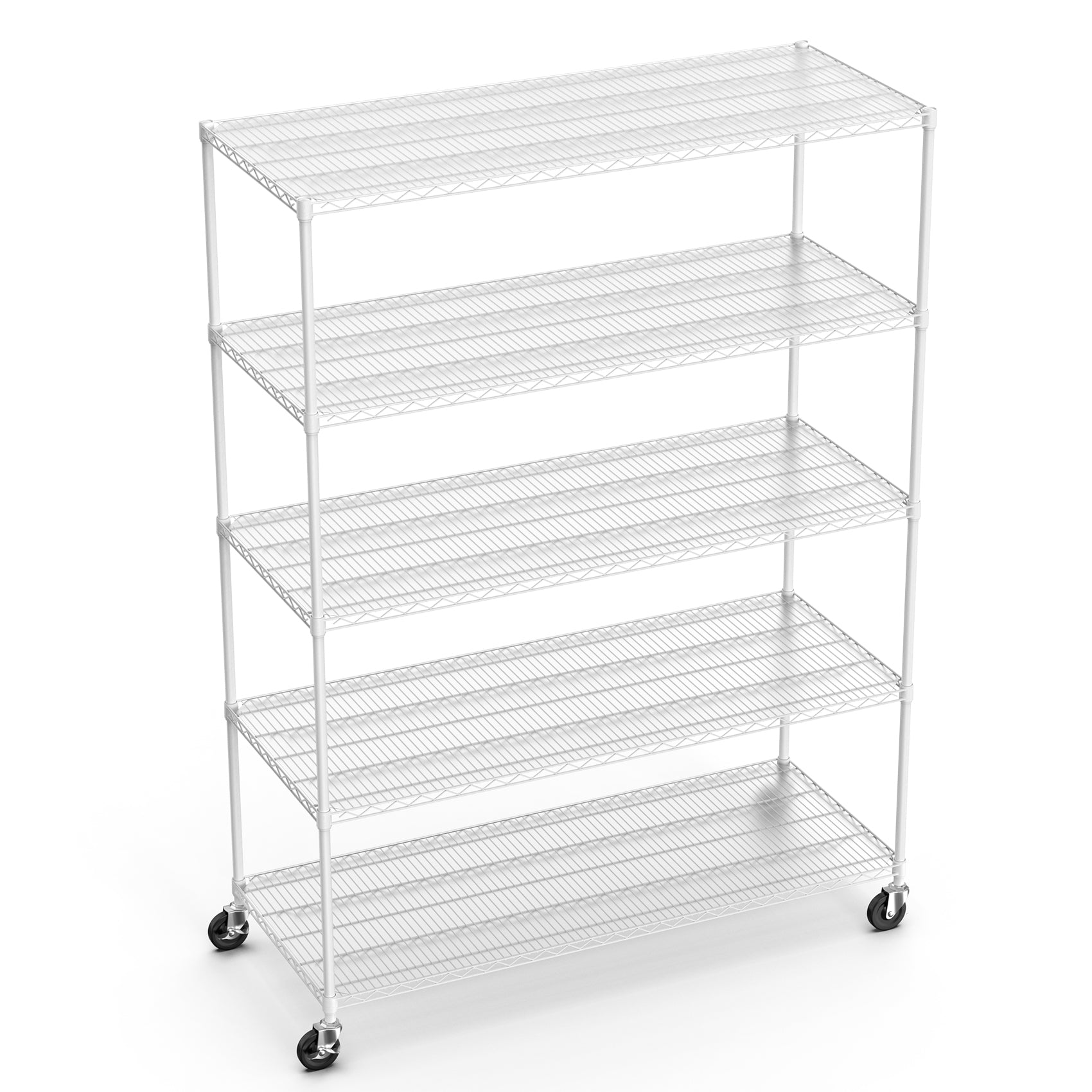 5 Tier 7500Lbs Heavy Duty Adjustable Storage Rack Metal Shelf Wire Shelving Unit With Wheels & Shelf Liners 82" H X 60" L X 24" D White Chrome Iron Plastic