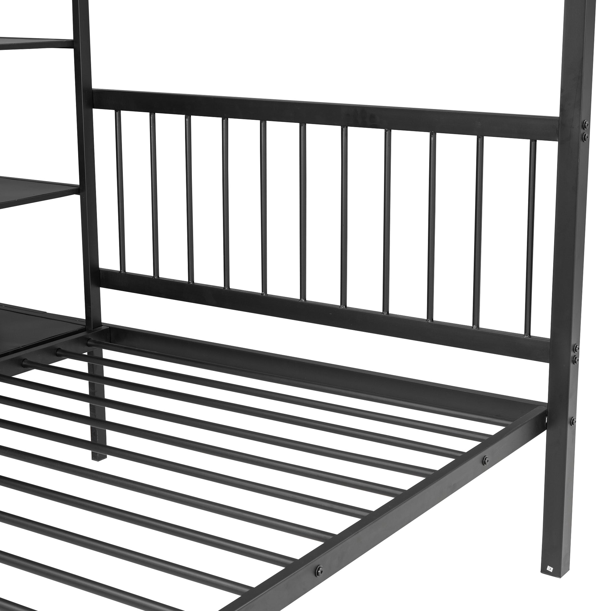 Full Over Twin Metal Bunk Bed With Built In Desk, Shelves And Ladder, Black Black Metal & Wood