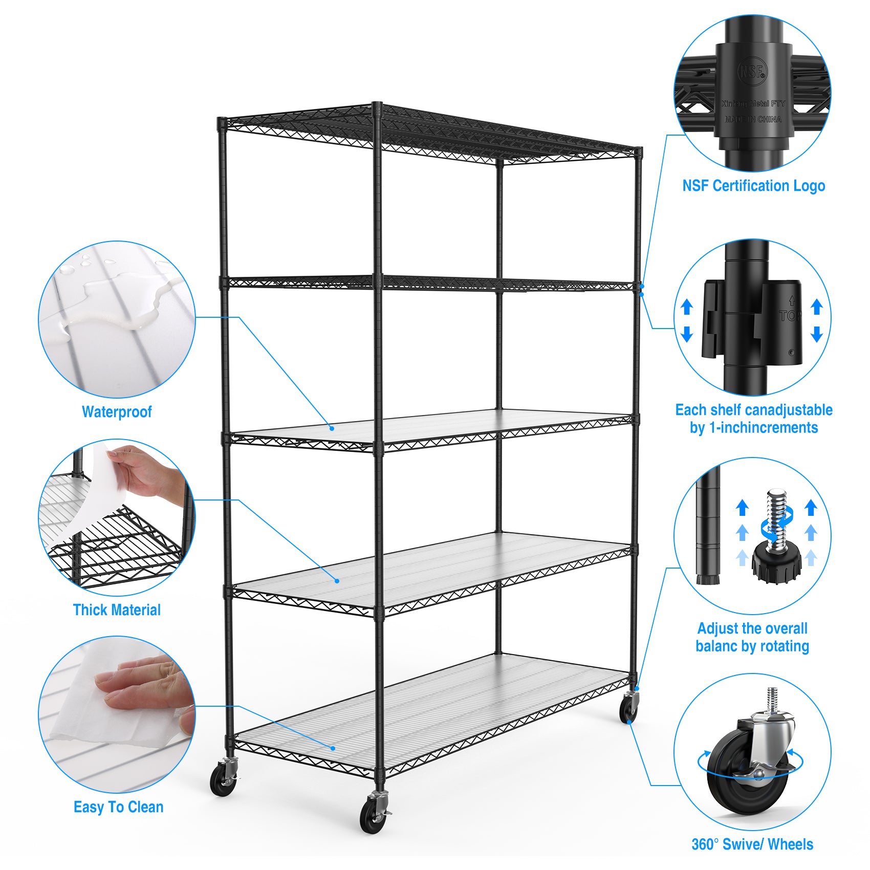 5 Tier 7500Lbs Heavy Duty Adjustable Storage Rack Metal Shelf Wire Shelving Unit With Wheels & Shelf Liners 82" H X 60" L X 24" D Black Chrome Iron Plastic