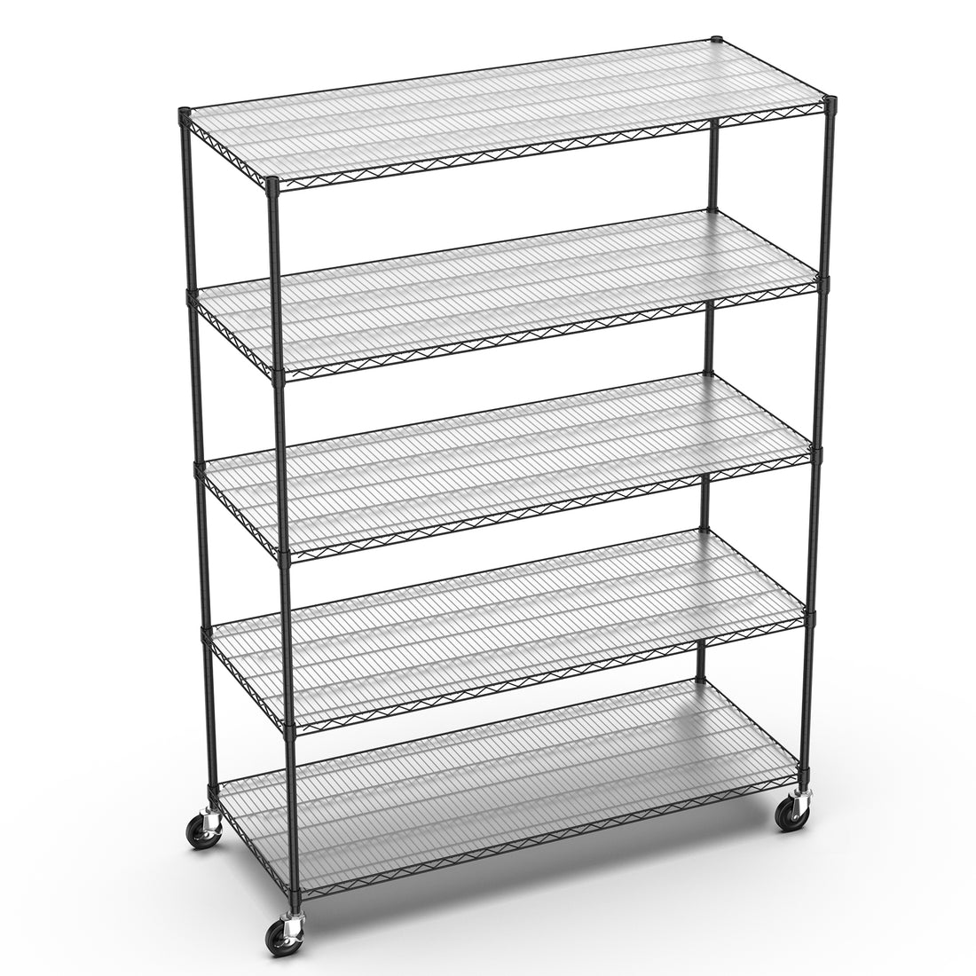 5 Tier 7500Lbs Heavy Duty Adjustable Storage Rack Metal Shelf Wire Shelving Unit With Wheels & Shelf Liners 82" H X 60" L X 24" D Black Chrome Iron Plastic