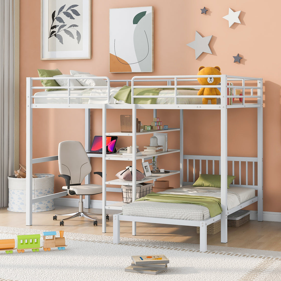 Full Over Twin Metal Bunk Bed With Built In Desk, Shelves And Ladder, White White Metal & Wood