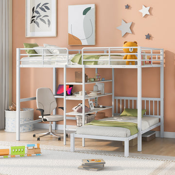 Full Over Twin Metal Bunk Bed With Built In Desk, Shelves And Ladder, White White Metal & Wood