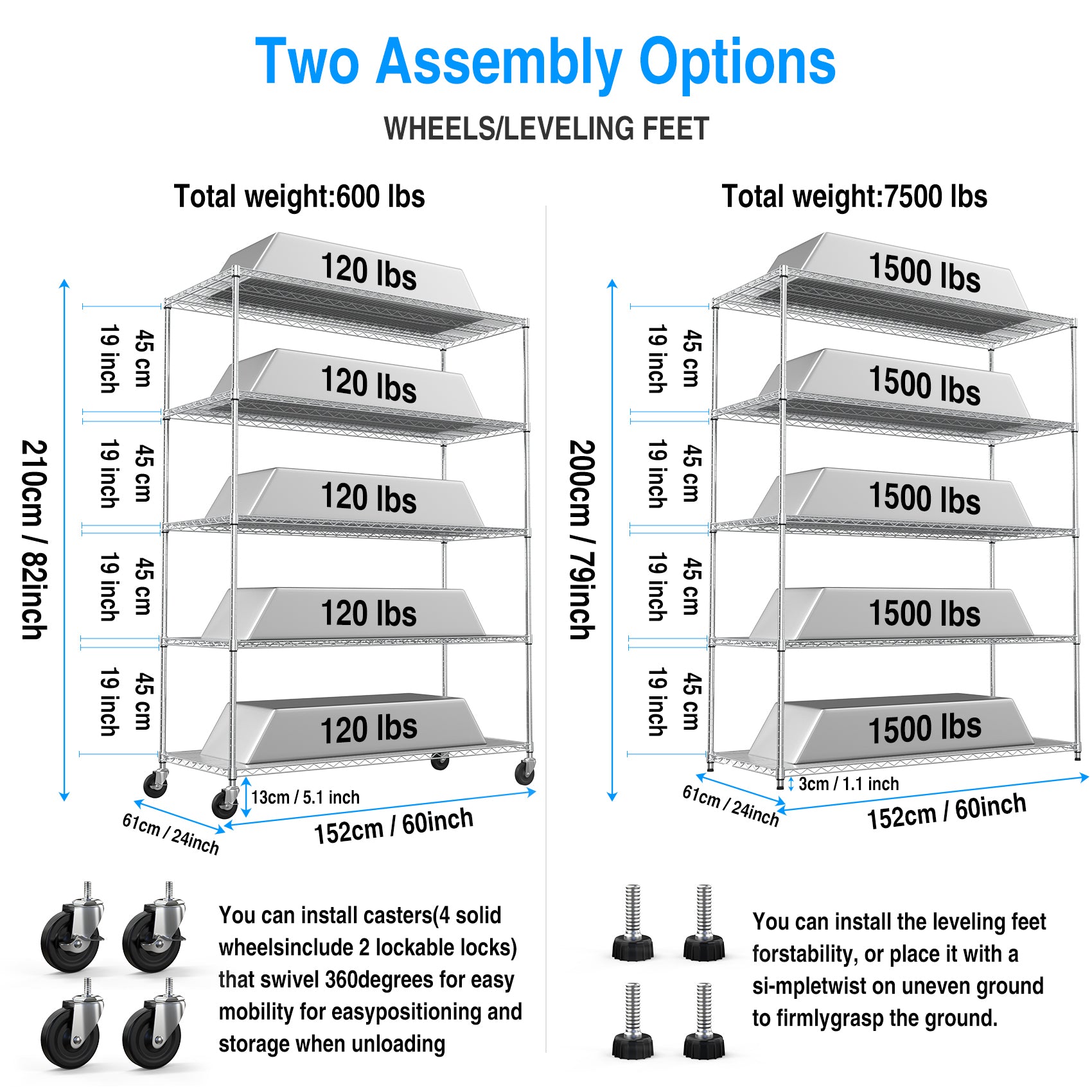 5 Tier 7500Lbs Heavy Duty Adjustable Storage Rack Metal Shelf Wire Shelving Unit With Wheels & Shelf Liners 82" H X 60" L X 24" D Chrome Chrome Iron Plastic