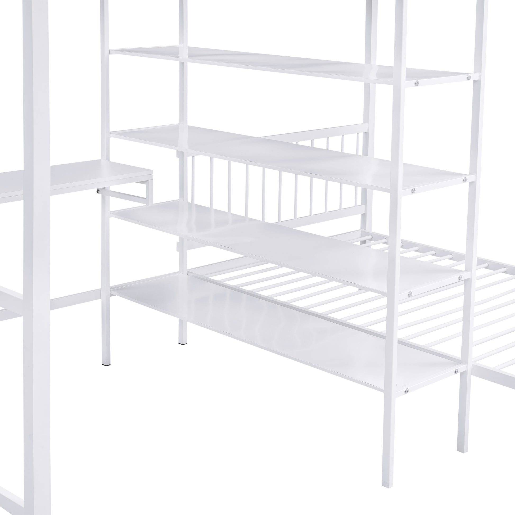 Full Over Twin Metal Bunk Bed With Built In Desk, Shelves And Ladder, White White Metal & Wood