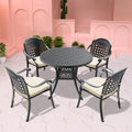 Cushions In Random Colors 5 Piece Set Of Cast Aluminum Patio Furniture With Cushions Yes Dining Set Black Seats 4 Rust Resistant Frame Water Resistant Cushion Garden & Outdoor Complete Patio Sets Aluminium