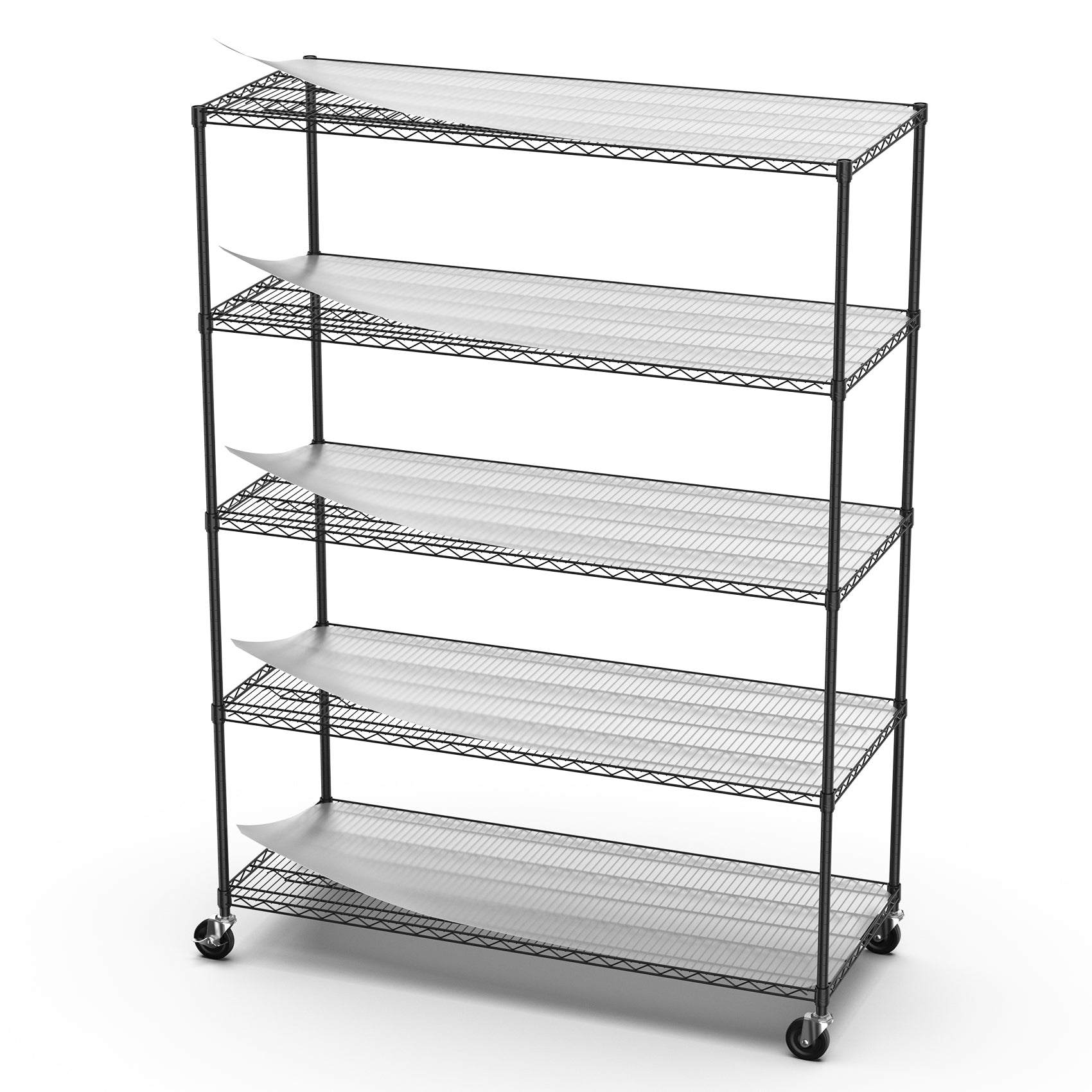 5 Tier 7500Lbs Heavy Duty Adjustable Storage Rack Metal Shelf Wire Shelving Unit With Wheels & Shelf Liners 82" H X 60" L X 24" D Black Chrome Iron Plastic