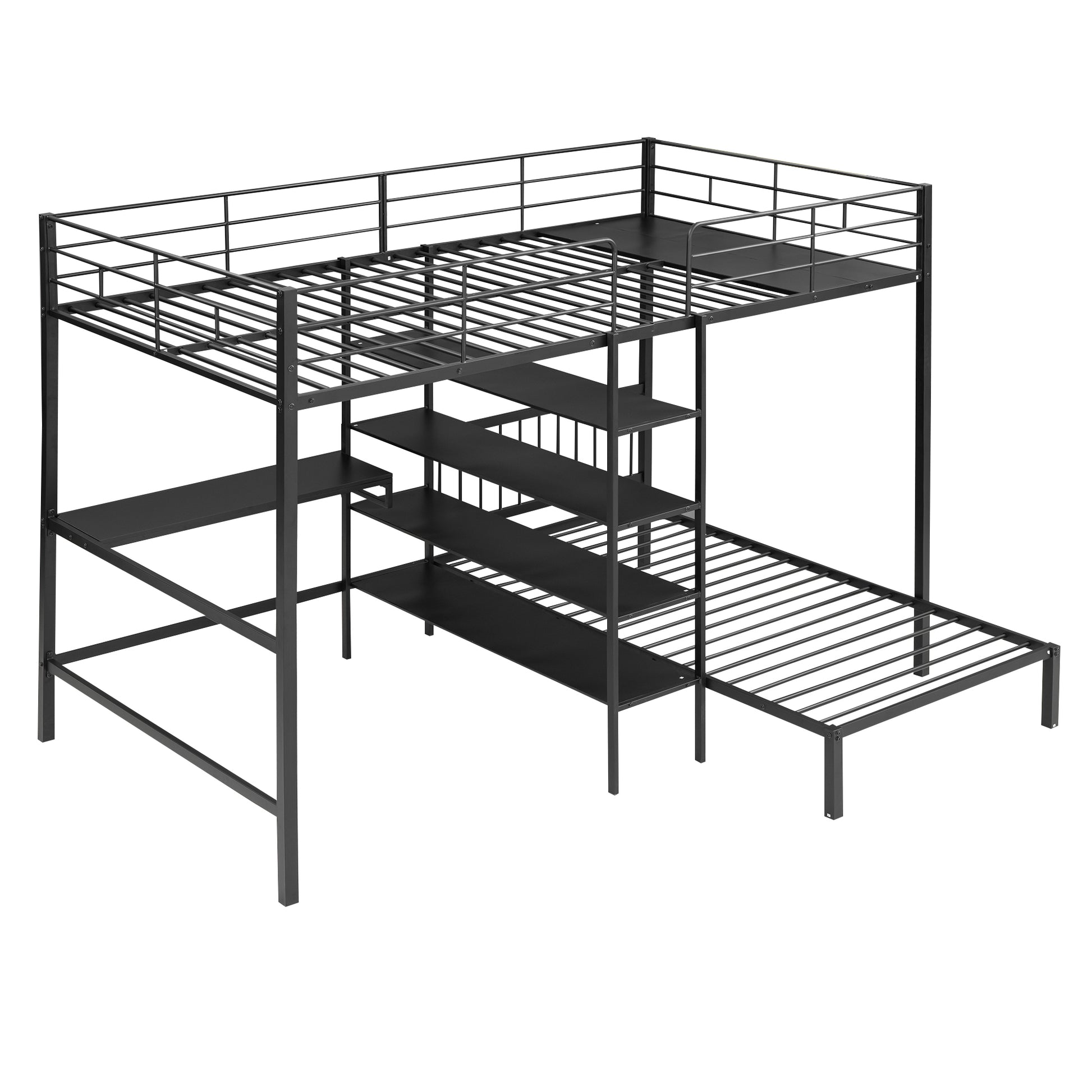 Full Over Twin Metal Bunk Bed With Built In Desk, Shelves And Ladder, Black Black Metal & Wood