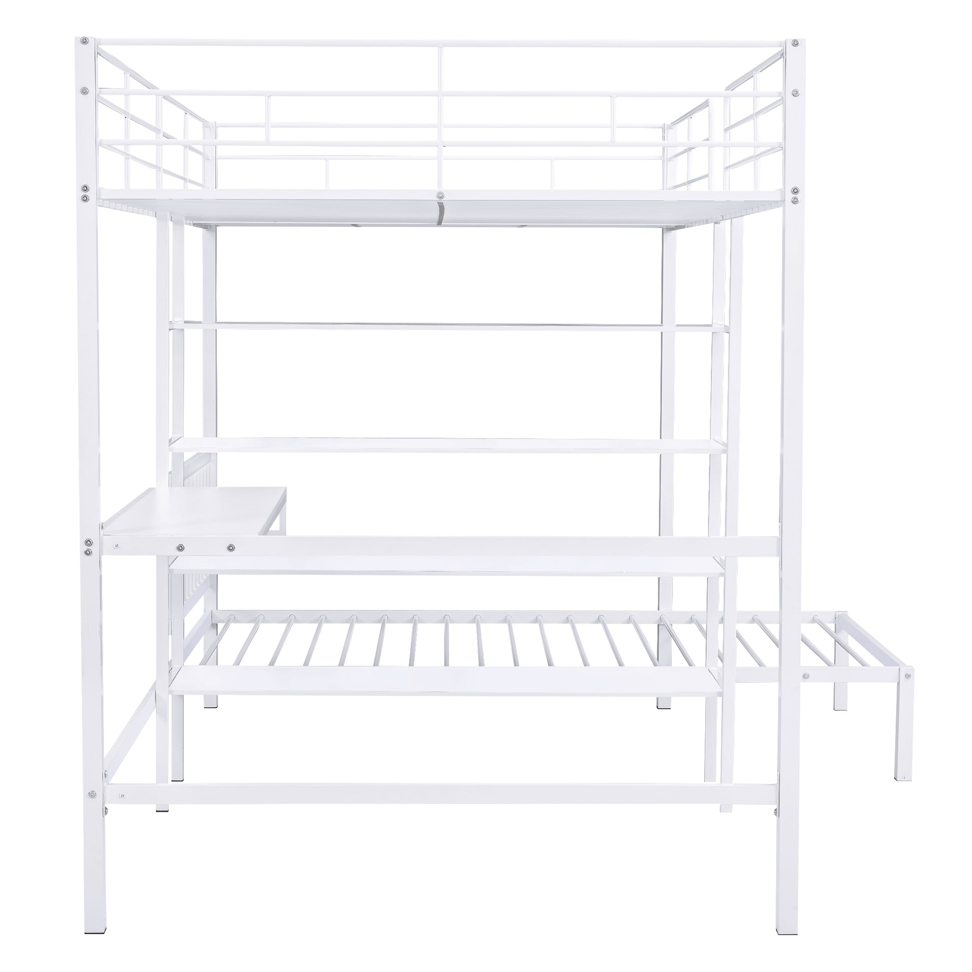 Full Over Twin Metal Bunk Bed With Built In Desk, Shelves And Ladder, White White Metal & Wood