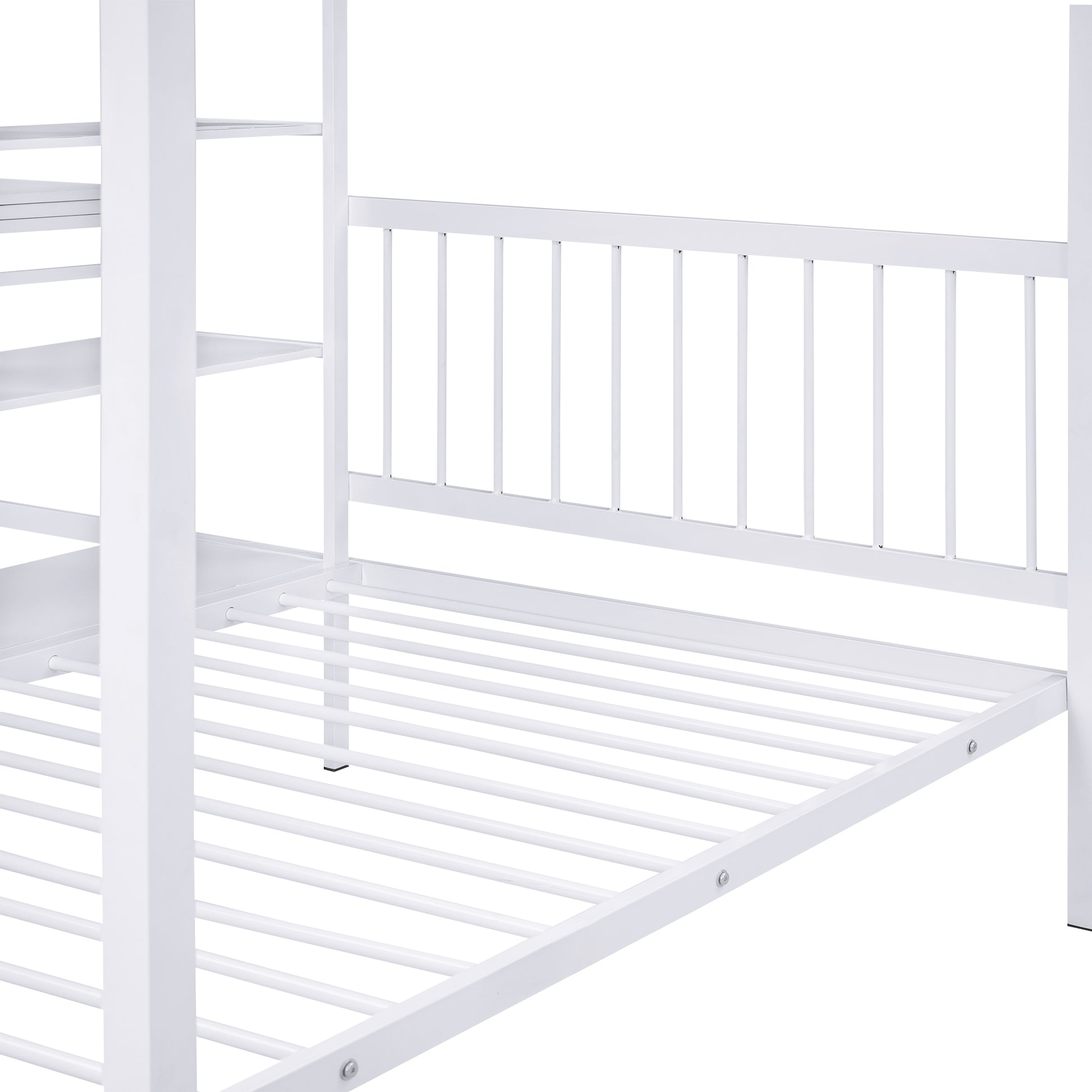 Full Over Twin Metal Bunk Bed With Built In Desk, Shelves And Ladder, White White Metal & Wood