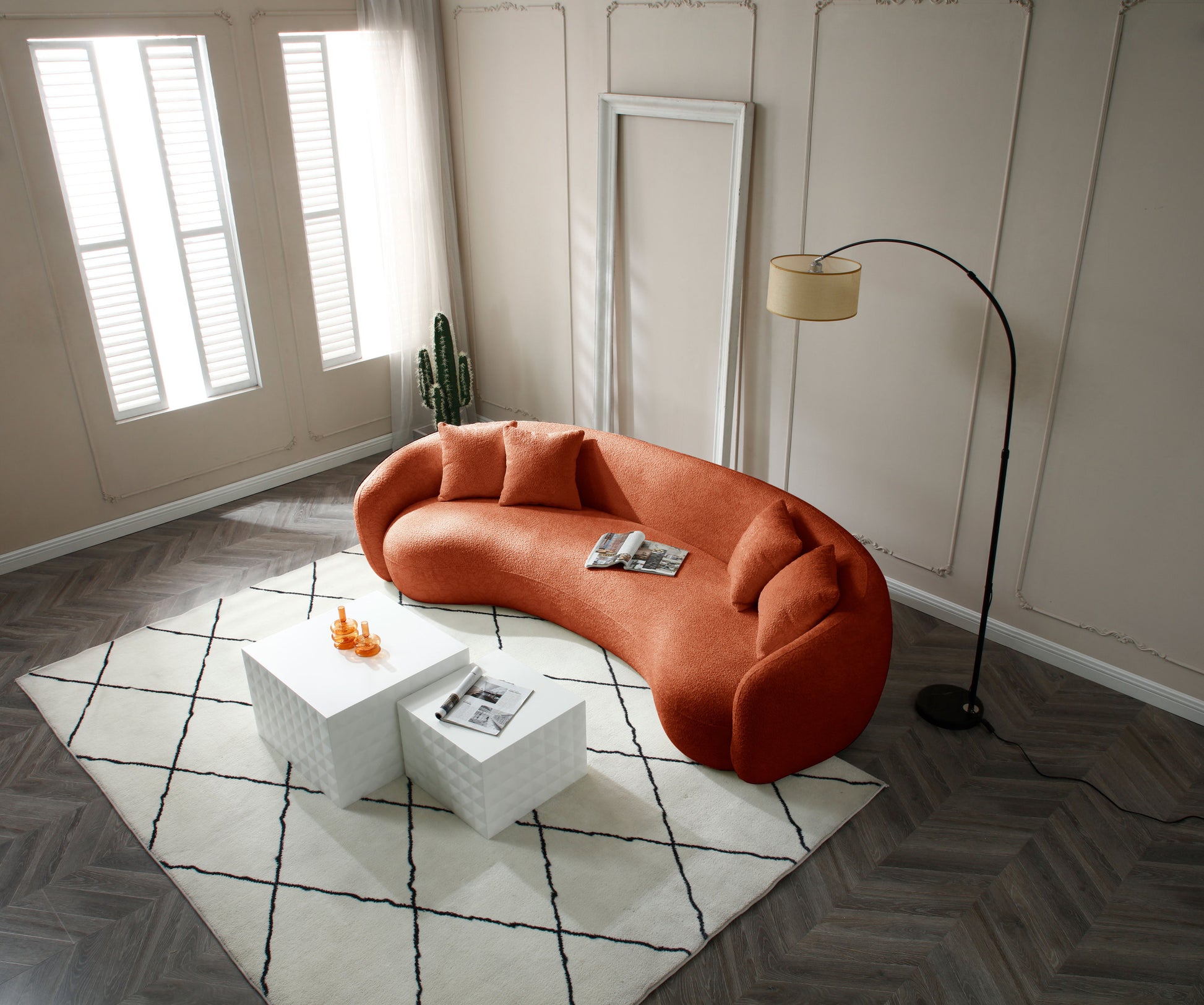 102'' 5 Seater Boucle Sofa Modern Sectional Half Moon Leisure Couch Curved Sofa Teddy Fleece Orange Orange Boucle 5 Seat