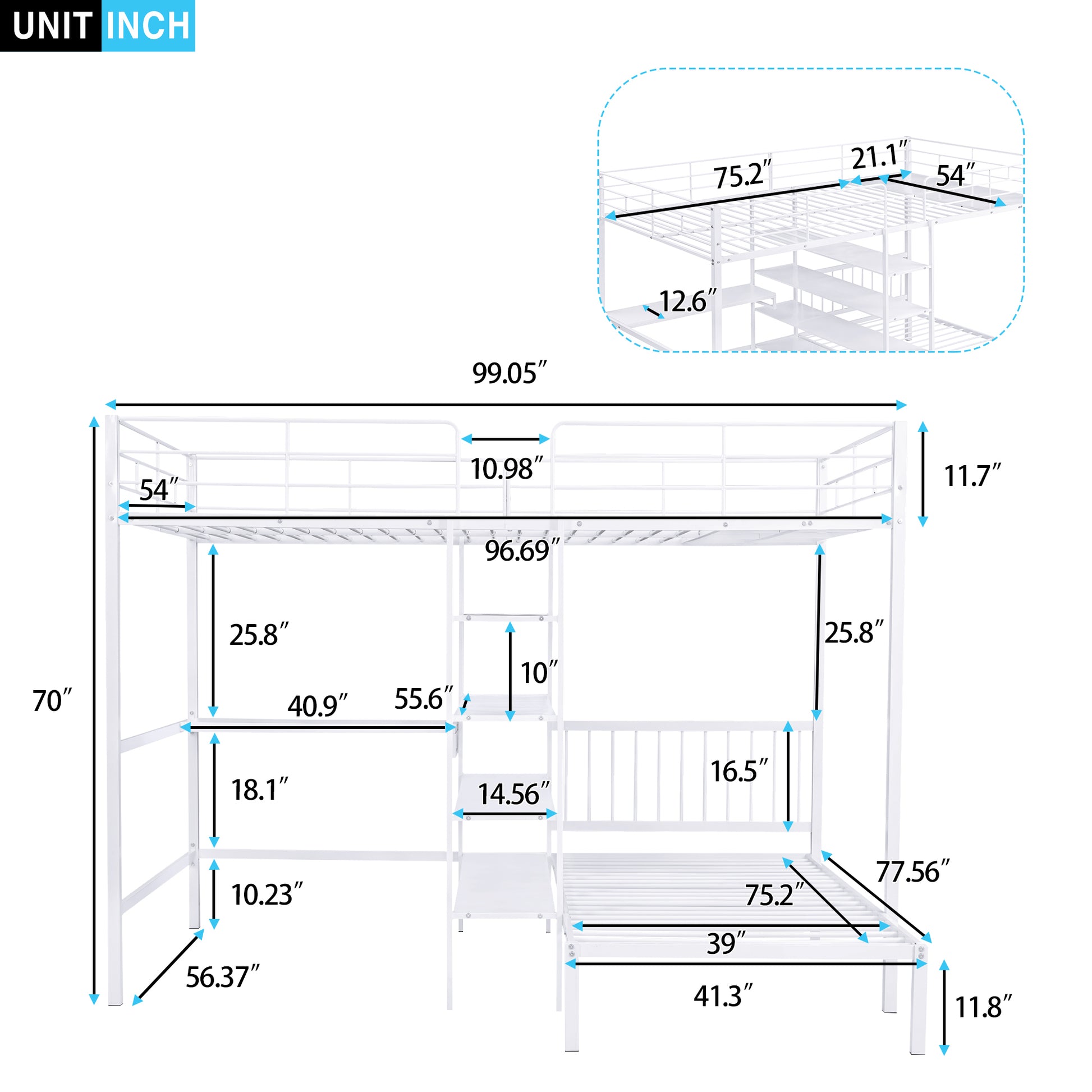 Full Over Twin Metal Bunk Bed With Built In Desk, Shelves And Ladder, White White Metal & Wood