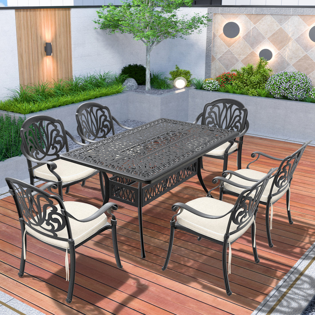 Cushions In Random Colors 7 Piece Set Of Cast Aluminum Patio Furniture With Cushions Yes Complete Patio Set Black Seats 6 Rust Resistant Frame Water Resistant Cushion Garden & Outdoor Complete Patio Sets Aluminium