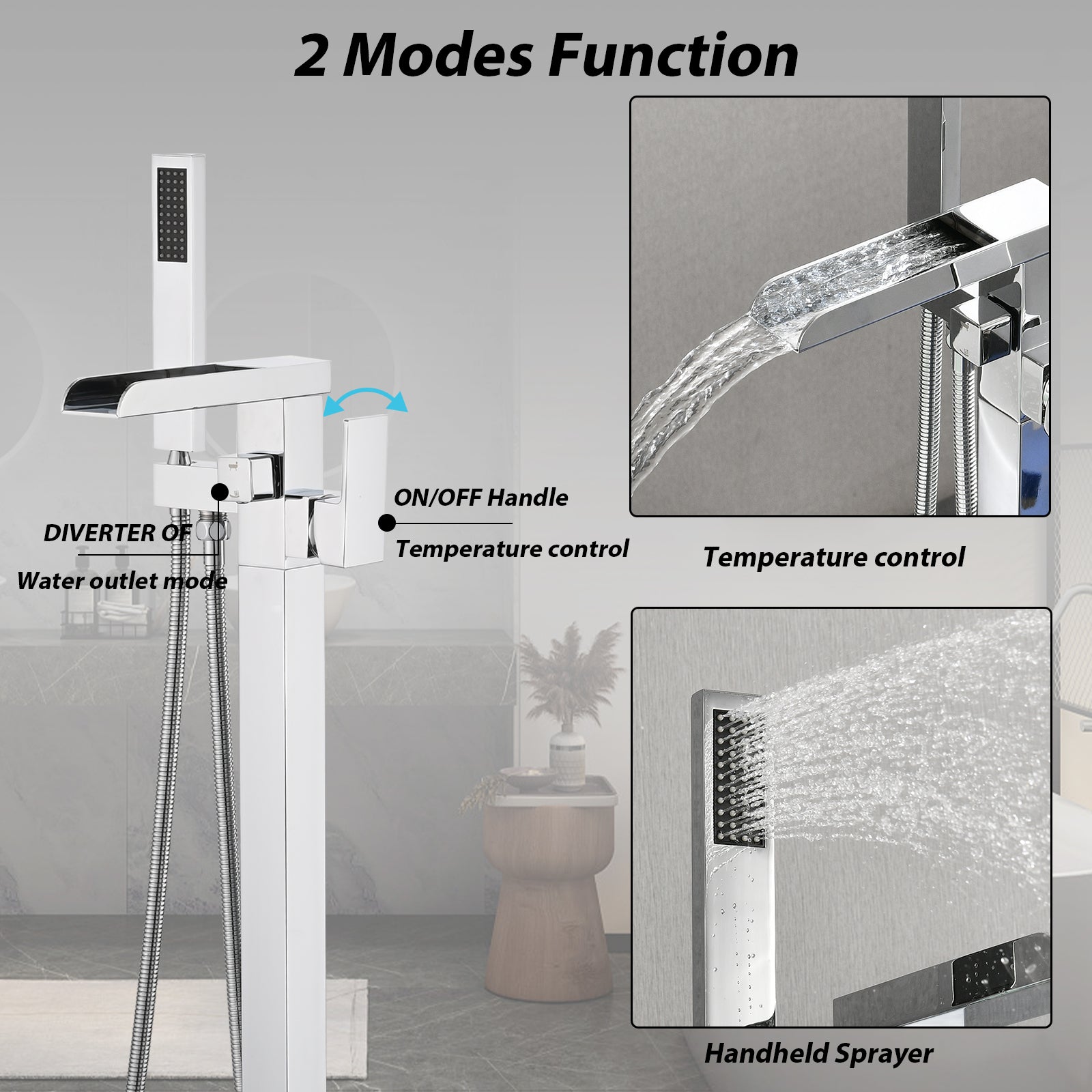 Bathroom Freestanding Waterfall Tub Filler Matte Black Floor Mount Faucet With Hand Shower Chrome Stainless Steel