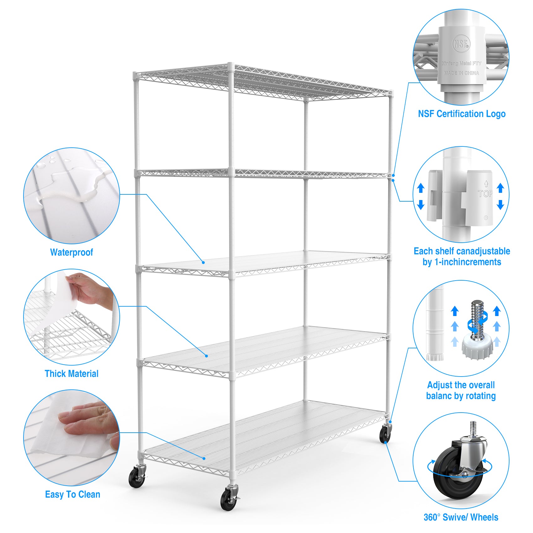 5 Tier 7500Lbs Heavy Duty Adjustable Storage Rack Metal Shelf Wire Shelving Unit With Wheels & Shelf Liners 82" H X 60" L X 24" D White Chrome Iron Plastic