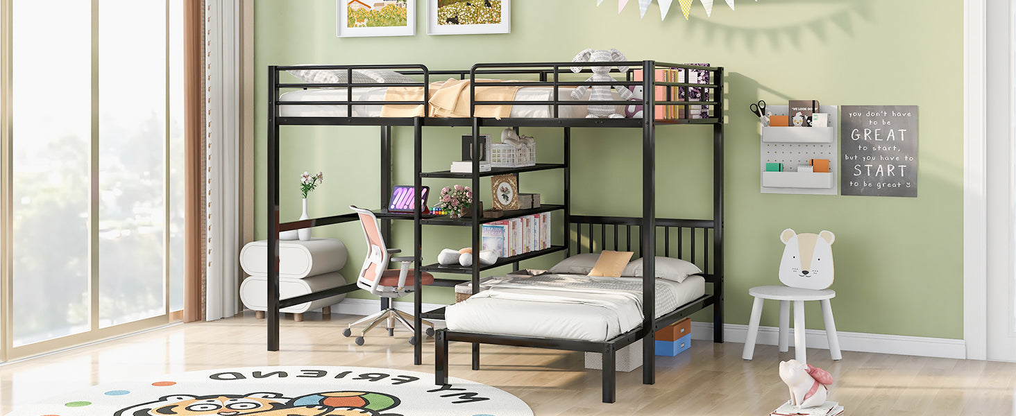 Full Over Twin Metal Bunk Bed With Built In Desk, Shelves And Ladder, Black Black Metal & Wood