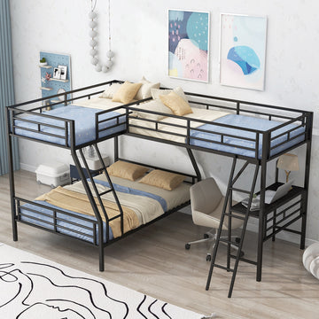 Twin Over Full Bunk Bed With A Twin Size Loft Bed Attached, With A Desk, Metal, Black Black Metal