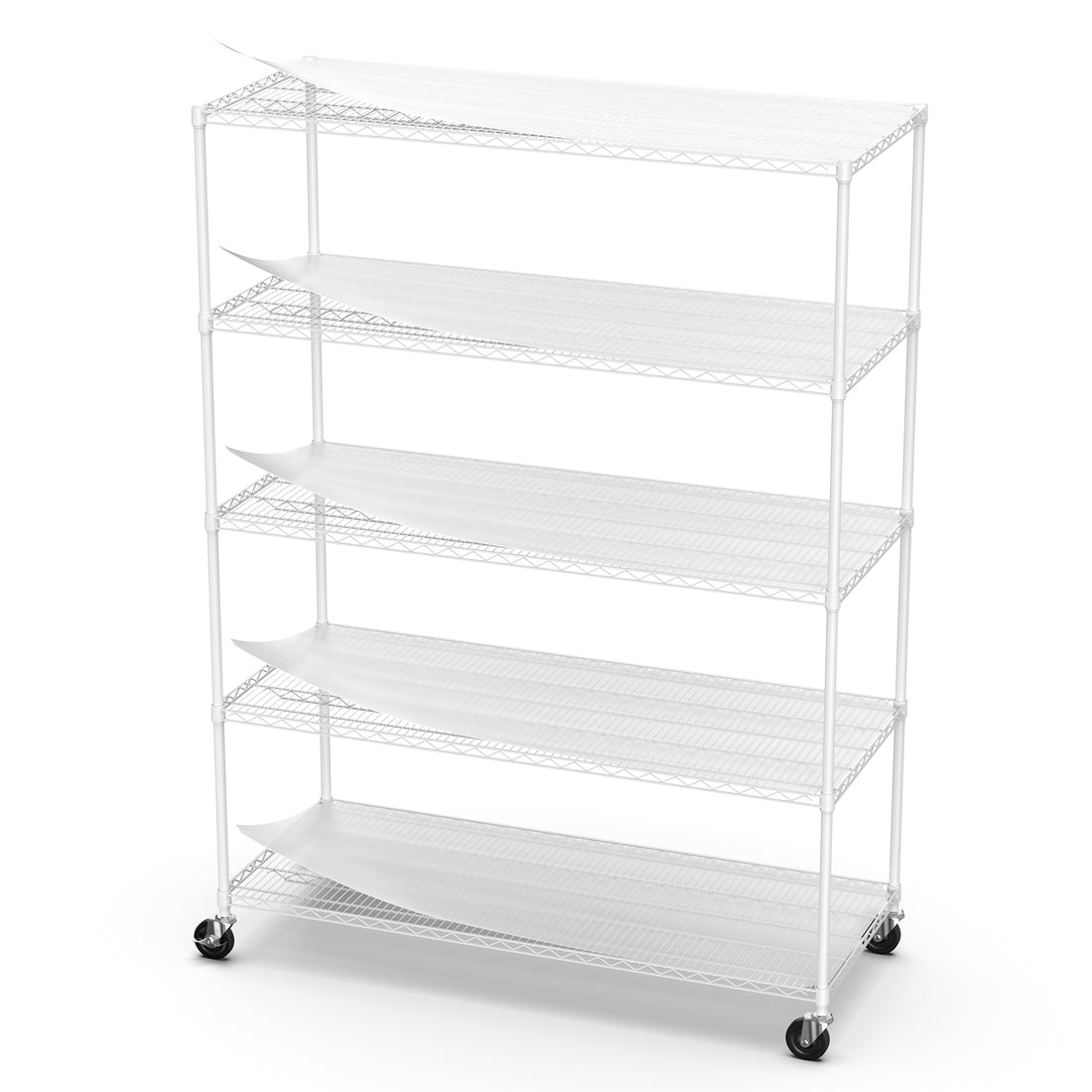 5 Tier 7500Lbs Heavy Duty Adjustable Storage Rack Metal Shelf Wire Shelving Unit With Wheels & Shelf Liners 82" H X 60" L X 24" D White Chrome Iron Plastic