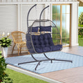 2 Person Outdoor Rattan Hanging Chair Patio Wicker Egg Chair Yes Sectional Dark Blue Uv Resistant Frame Water Resistant Cushion Garden & Outdoor American Design,American Traditional,Classic 2 Person Seating Group Polyester Rattan