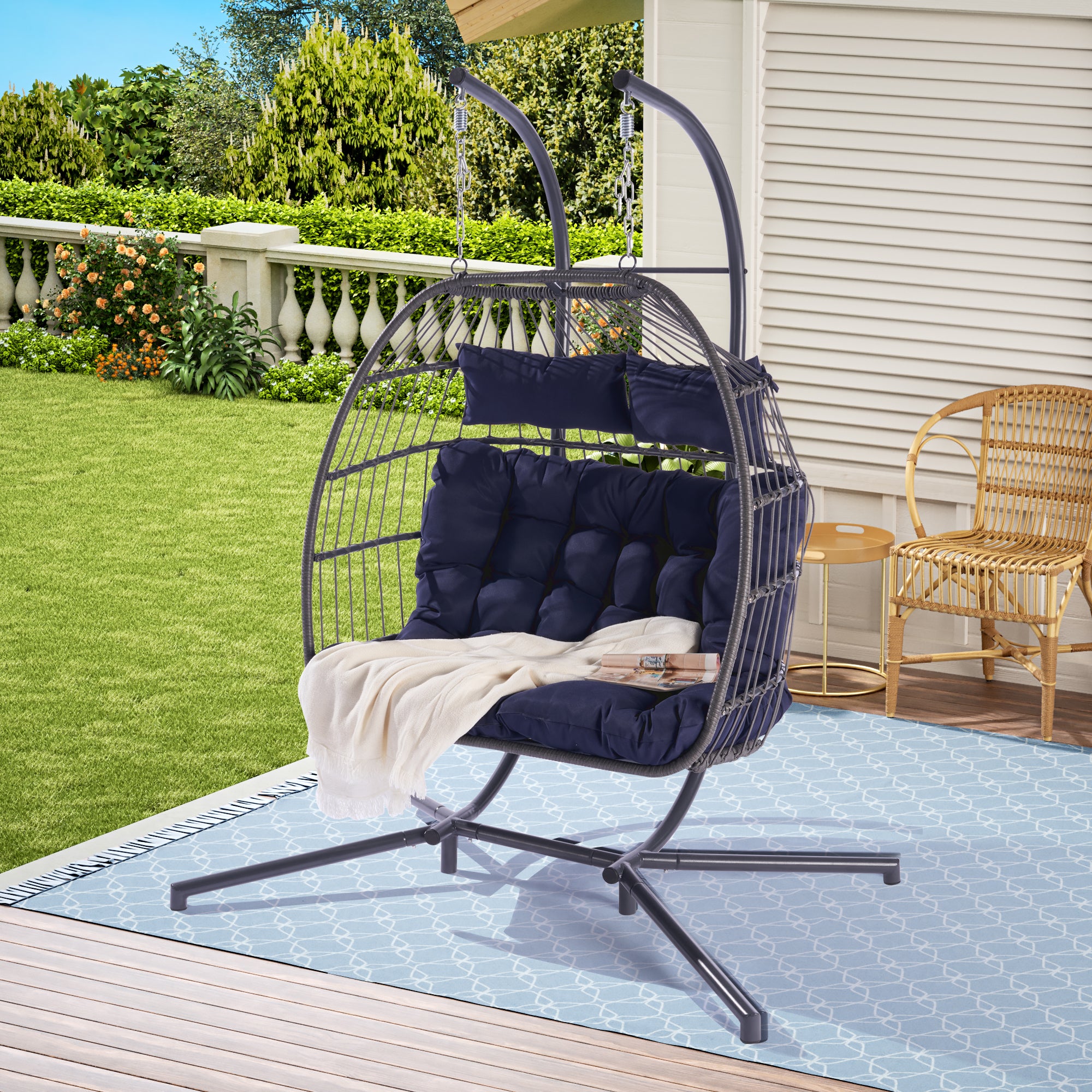 2 Person Outdoor Rattan Hanging Chair Patio Wicker Egg Chair Yes Sectional Dark Blue Uv Resistant Frame Water Resistant Cushion Garden & Outdoor American Design,American Traditional,Classic 2 Person Seating Group Polyester Rattan