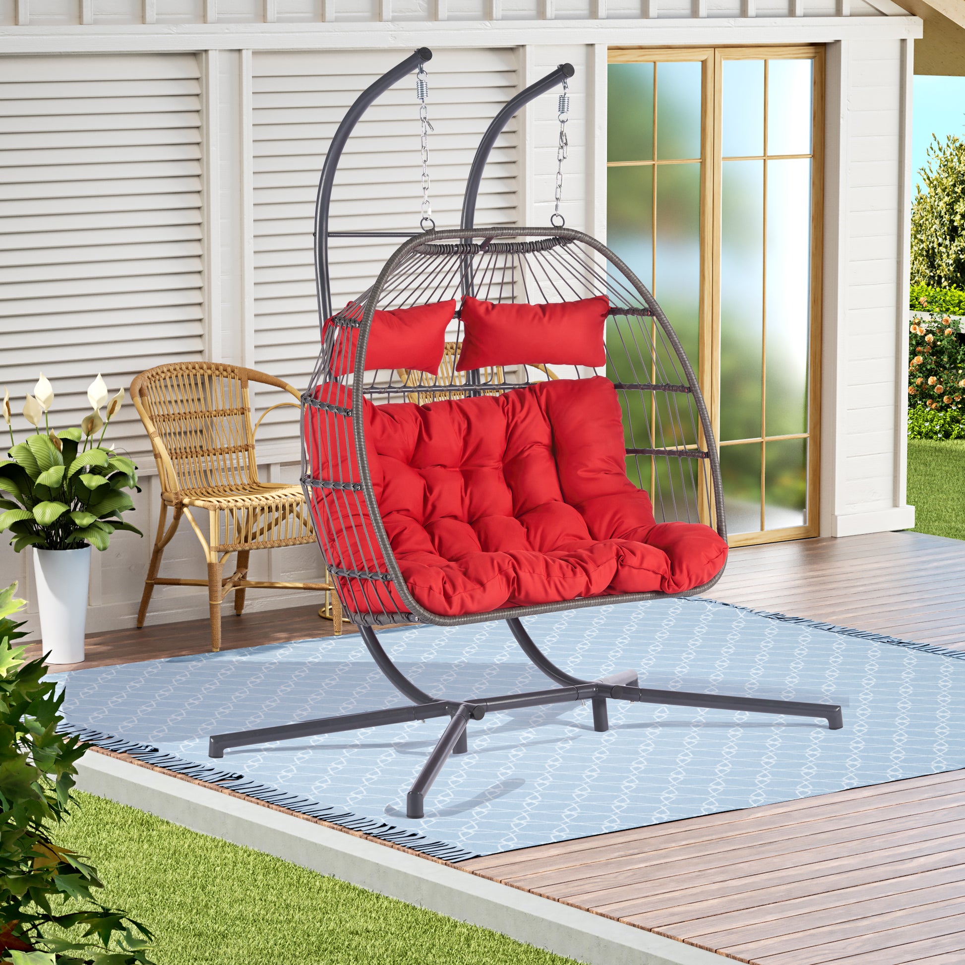 2 Person Outdoor Rattan Hanging Chair Patio Wicker Egg Chair Yes Sectional Red Uv Resistant Frame Water Resistant Cushion Garden & Outdoor American Design 2 Person Seating Group Polyester Rattan