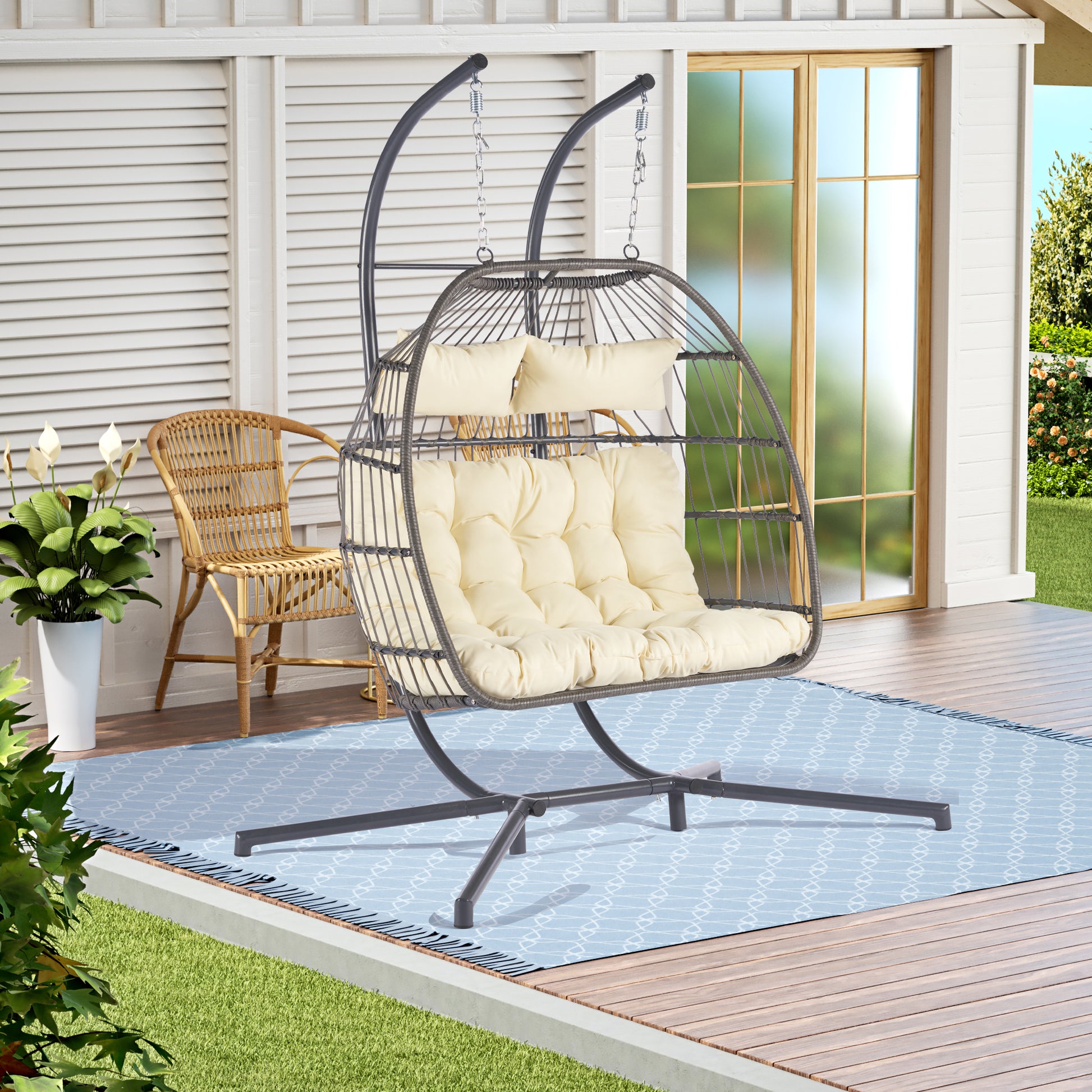 2 Person Outdoor Rattan Hanging Chair Patio Wicker Egg Chair Yes Sectional Beige Uv Resistant Frame Water Resistant Cushion Garden & Outdoor American Design,Classic 2 Person Seating Group Polyester Rattan