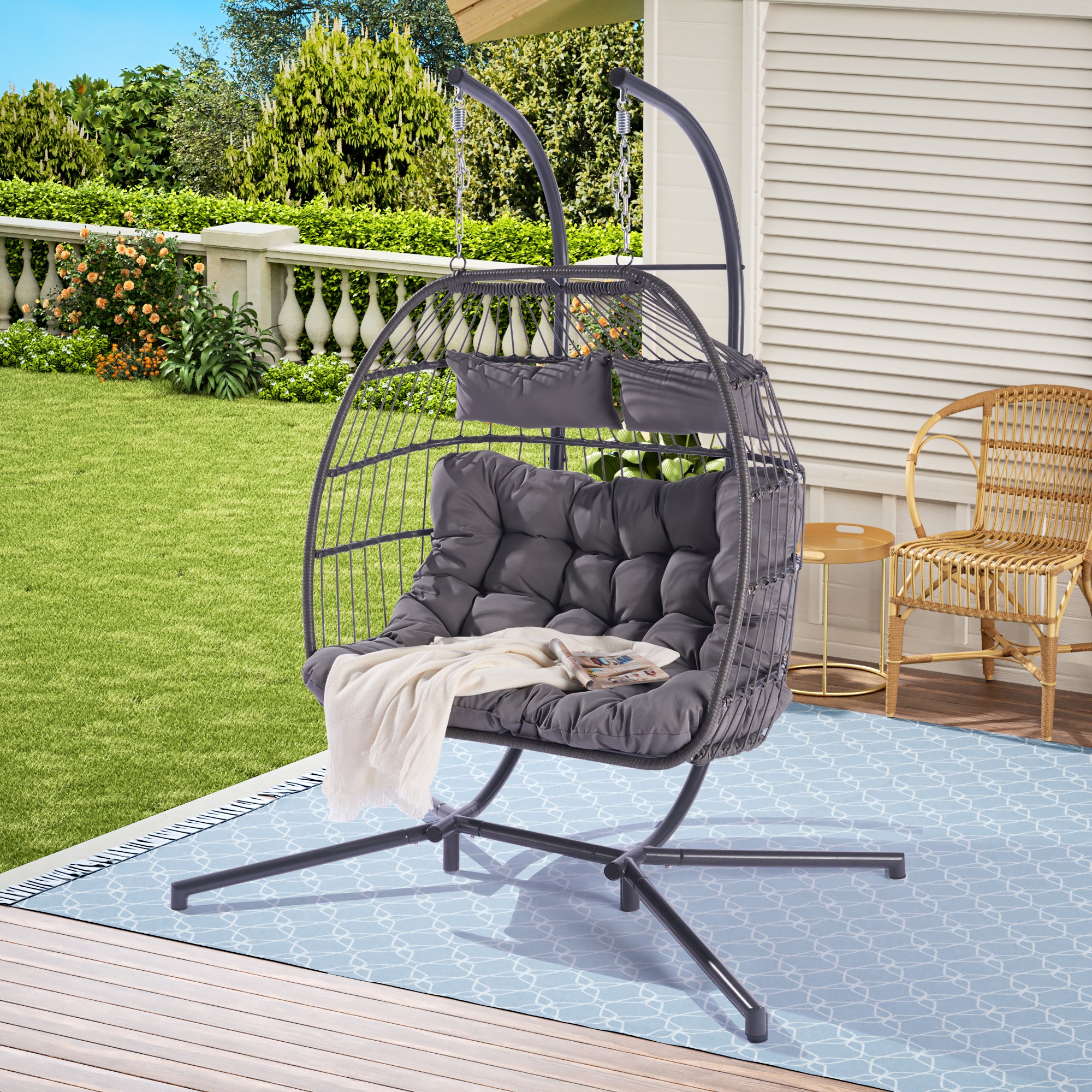 2 Person Outdoor Rattan Hanging Chair Patio Wicker Egg Chair Yes Sectional Light Gray Uv Resistant Frame Water Resistant Cushion Garden & Outdoor American Design 2 Person Seating Group Polyester Rattan